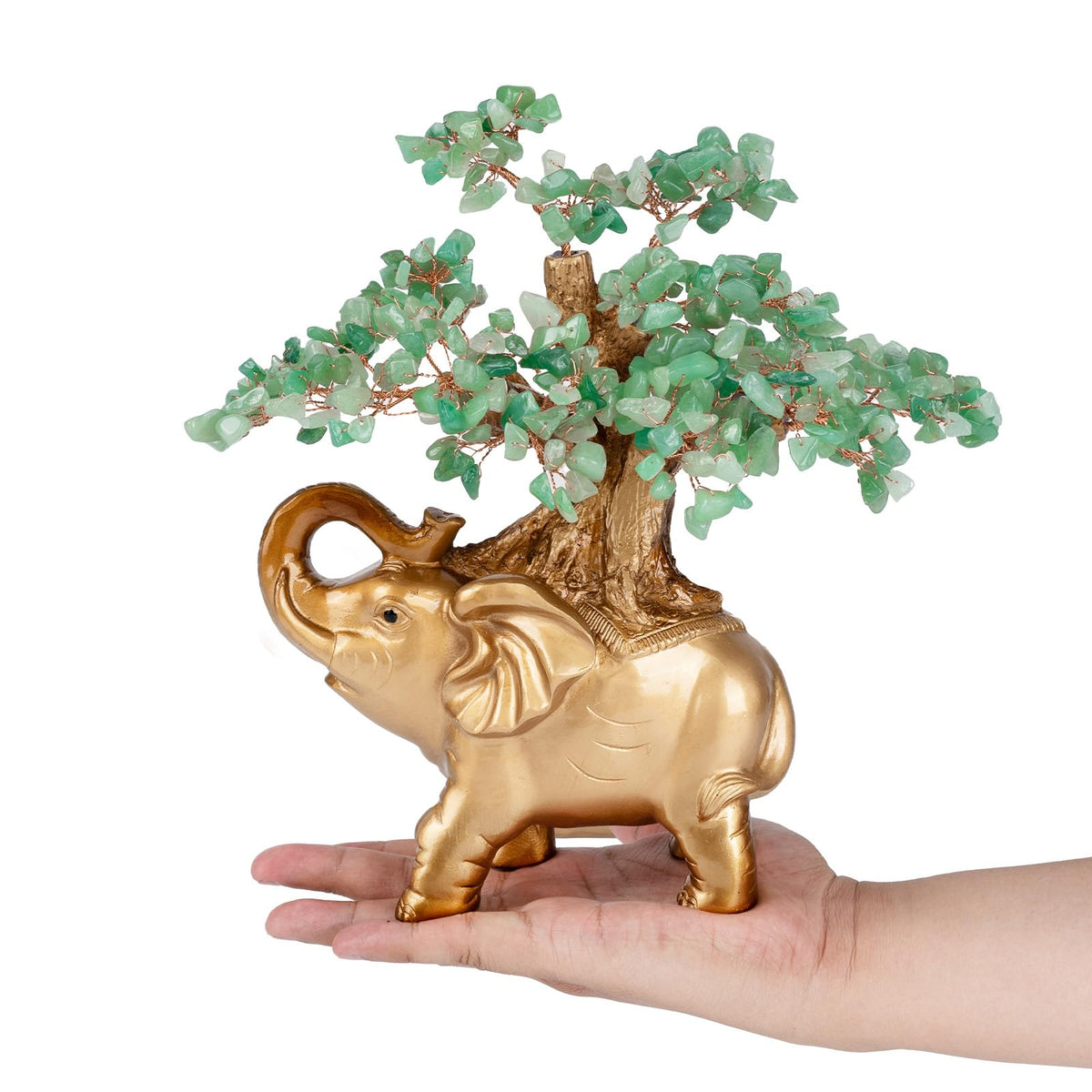 GEMBOURY Green Aventurine Crystal Money Tree on Gold Mini Elephant Statue, 10”Gemstone Bonsai Tree of Life Home Décor Gifts for Wealth Positive Energy, Feng Shui Décor
