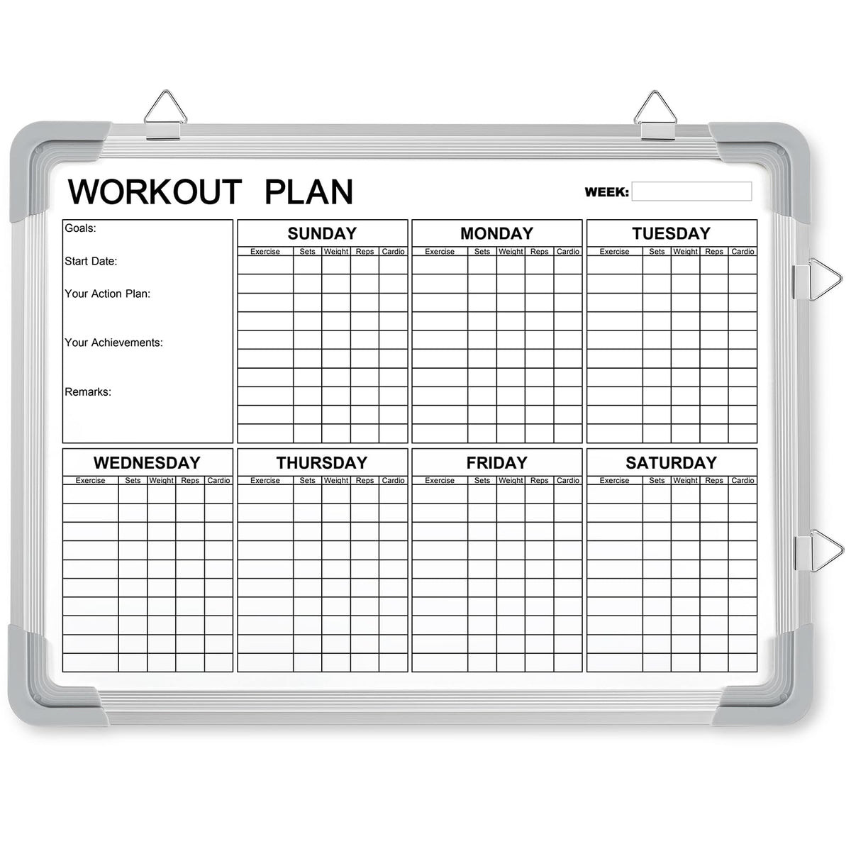 Lincia 16 x 12 Inch Fitness Tracker Whiteboard Workout Calendar for Home Gym Dry Erase Planner Hanging Removable to Do List for Wall Whiteboard with Aluminum Frame for Gym Program(Style D)