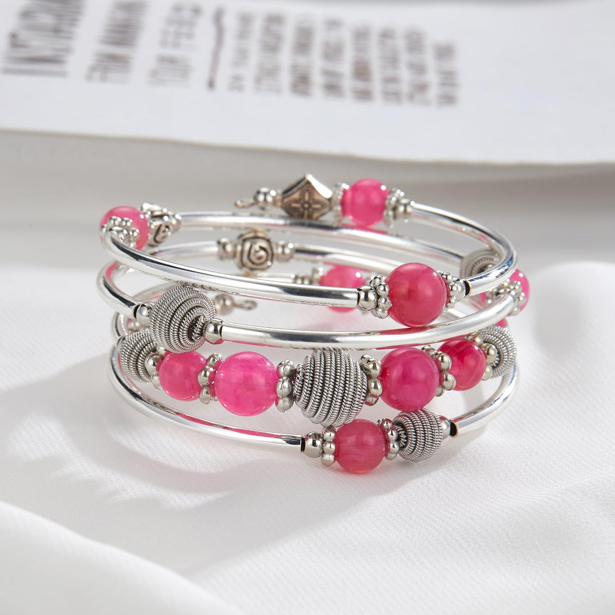 PEARL&CLUB Beaded Chakra Bangle Turquoise Bracelet - Fashion Jewelry Wrap Bracelet with Thick Silver Metal and Mala Beads, Birthday Gifts For Women(Hot pink)
