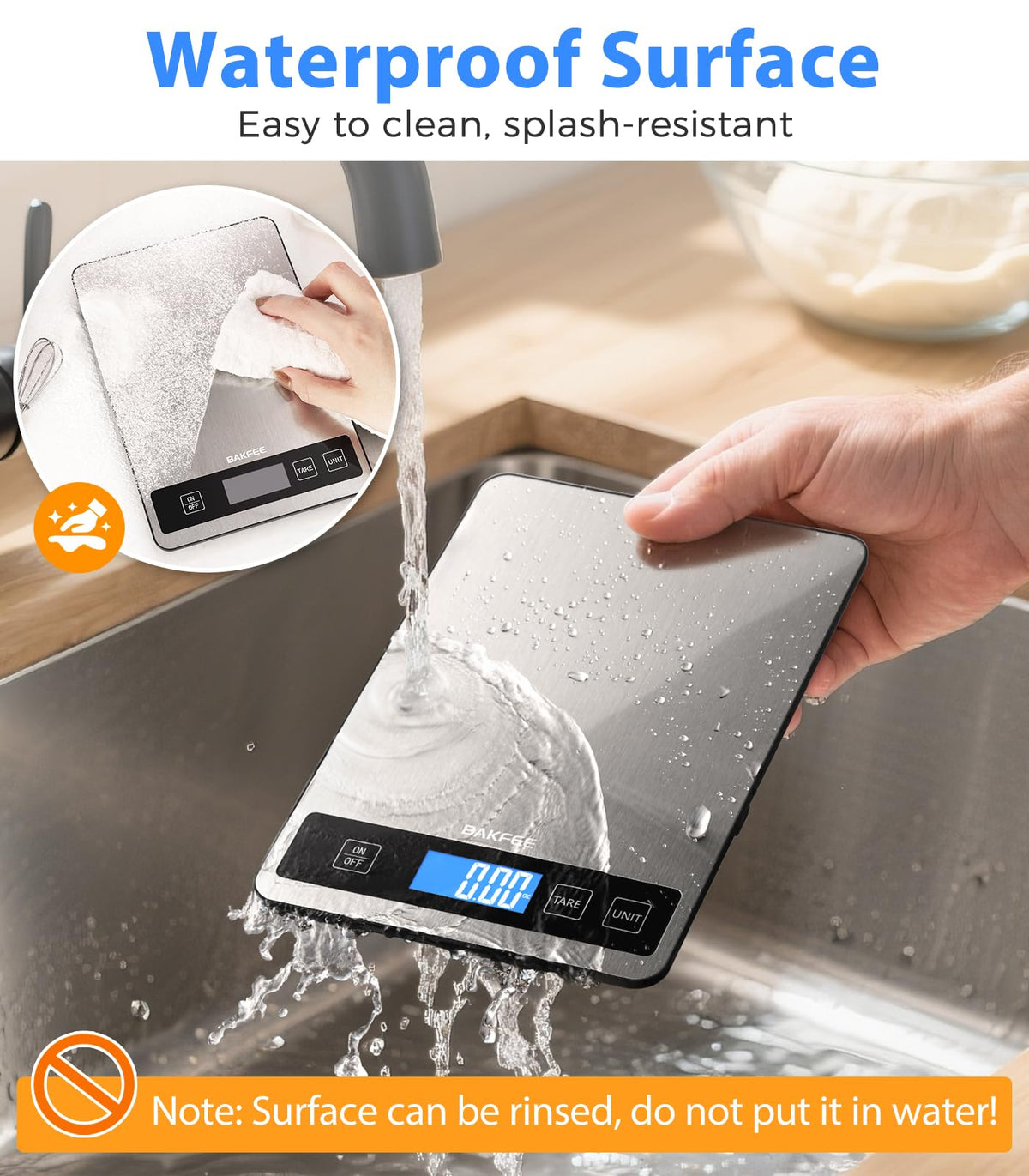 BakFee Food Scale - 15kg/33lb Rechargeable Digital Kitchen Scale with Full-View LCD Display, Grams and Ounces, Type-C or Batteries, Easy Clean Stainless Steel, for Baking, Cooking & Meal Prep, Black