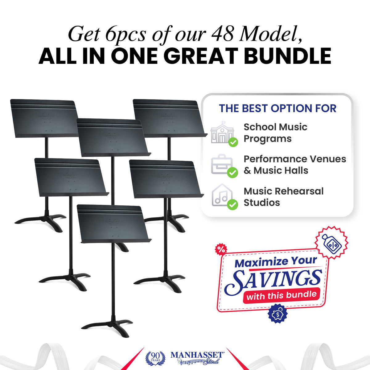 Manhasset Music Stand For Sheet Music - Bulk Pack of 6 Stands - 48 Symphony Model - Long Lasting, Durable Manhasset Stand - Adjustable Height - 20" by 12" - Made in the USA