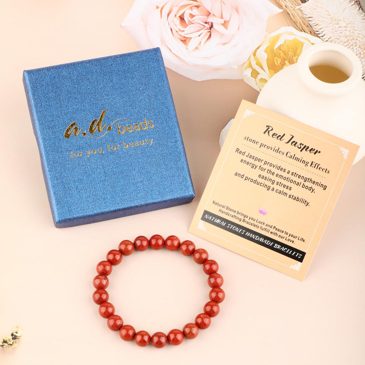 AD Beads 10mm Handmade Red Jasper Elastic Bracelet – Natural Gemstone for Stone provides Calming Effects – Meditation, Yoga, Healing and Energy Gift for Men Women