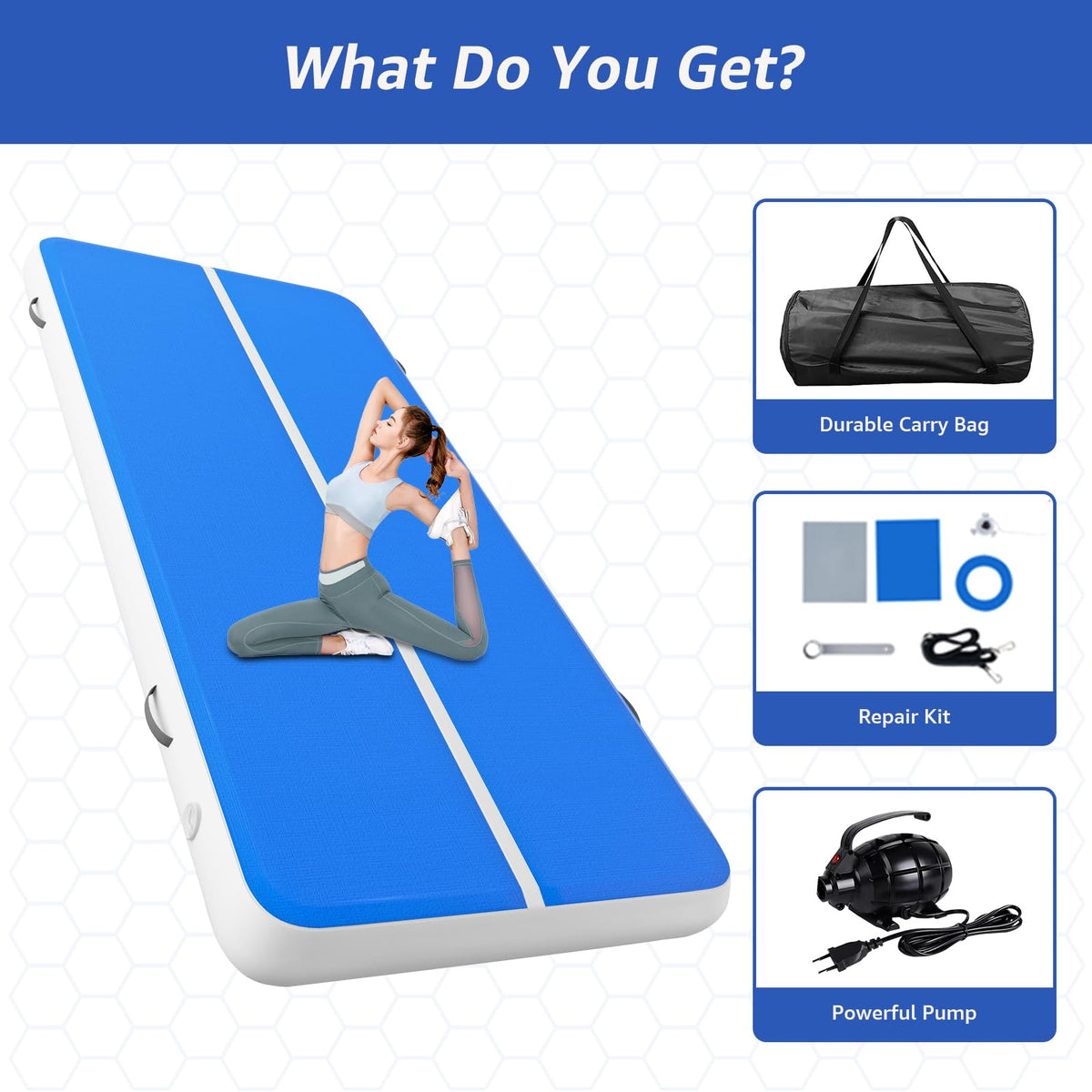 Inflatable Gymnastics Tumbling Mat 8in Thick 20FT/26FT Yoga Training Track with Electric Pump for Gymnastics, Cheerleading, Home, Pool, Gym, and Outdoor Activities (Blue, 20ft x 6.6ft x 8in)