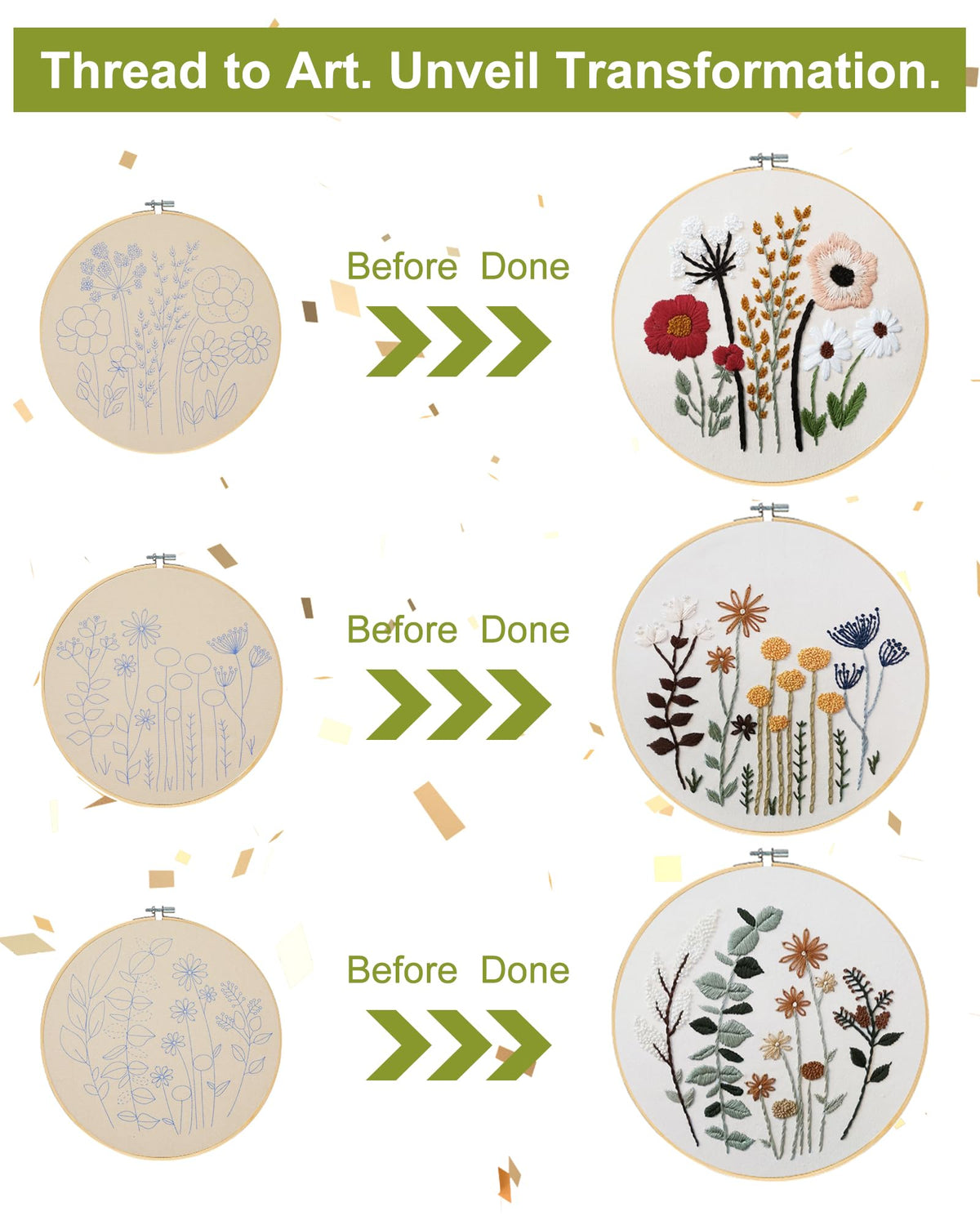 Santune 3 Sets Embroidery Kit,Cross Stitch Kits for Beginners,Needlepoint Kits for Adults with Easy Floral Pattern Hand Crafts,Hoop,Needle,Mothers Day Gifts