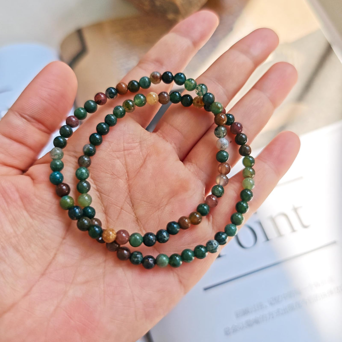 CHCCOYE 4mm Natural Healing Gemstone Bracelet Handmade Yoga Stretch Elastic Bracelet Stress Relief Crystal Jewelry for Men and Women (4mm, Indian Agate)