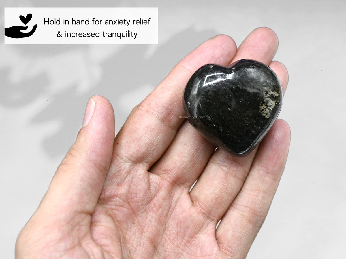 Nuummite Crystal Heart Palm Stone - Pocket Massage Worry Stone for Natural Body Chakra Balancing, Reiki Healing and Crystal Grid