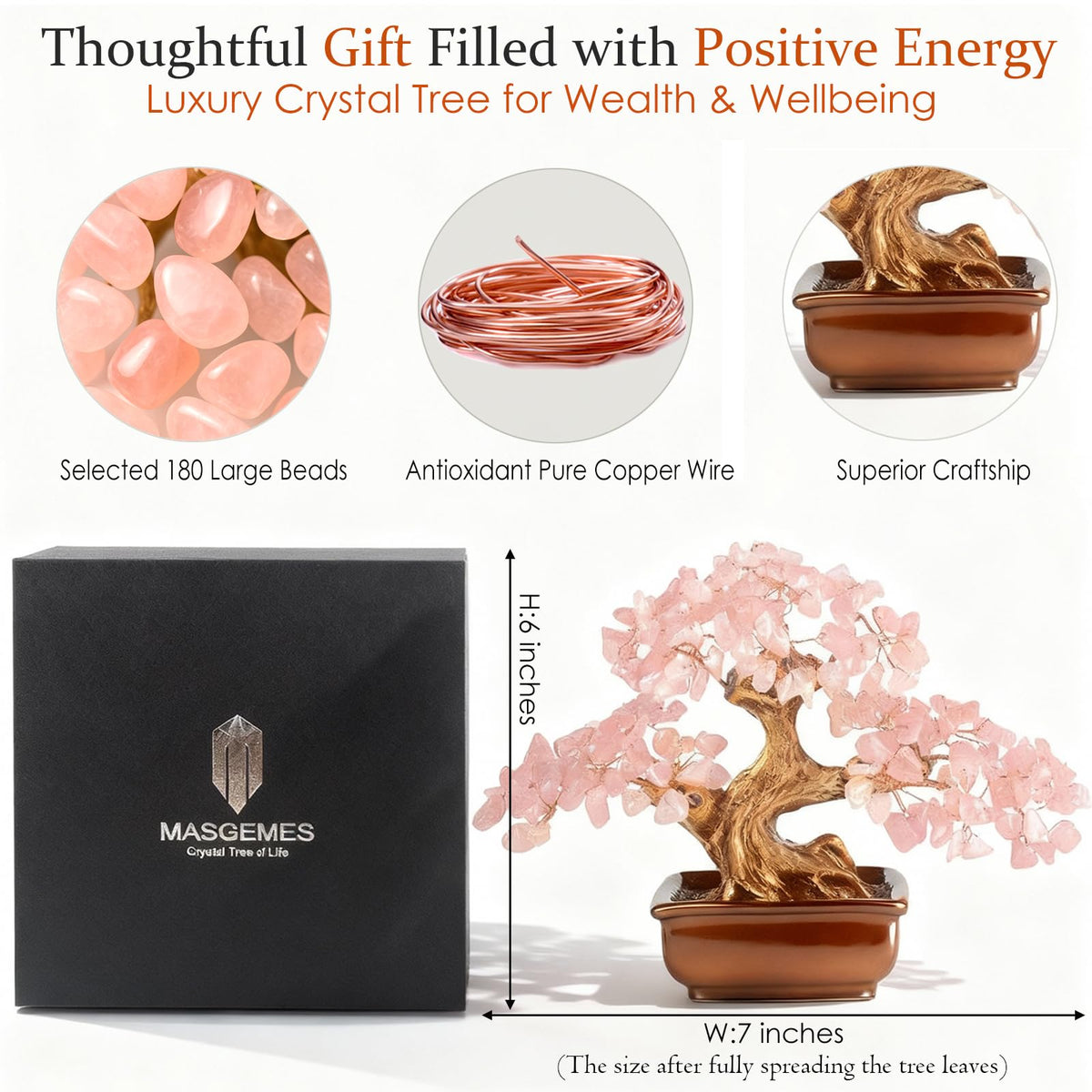 MASGEMES Rose Quartz Crystal Tree of Life – Handmade Gemstone Bonsai Tree with 180 Large Chips – Healing Crystal Feng Shui Tree for Love, Positive Energy & Home Office Decor (6 Inches)