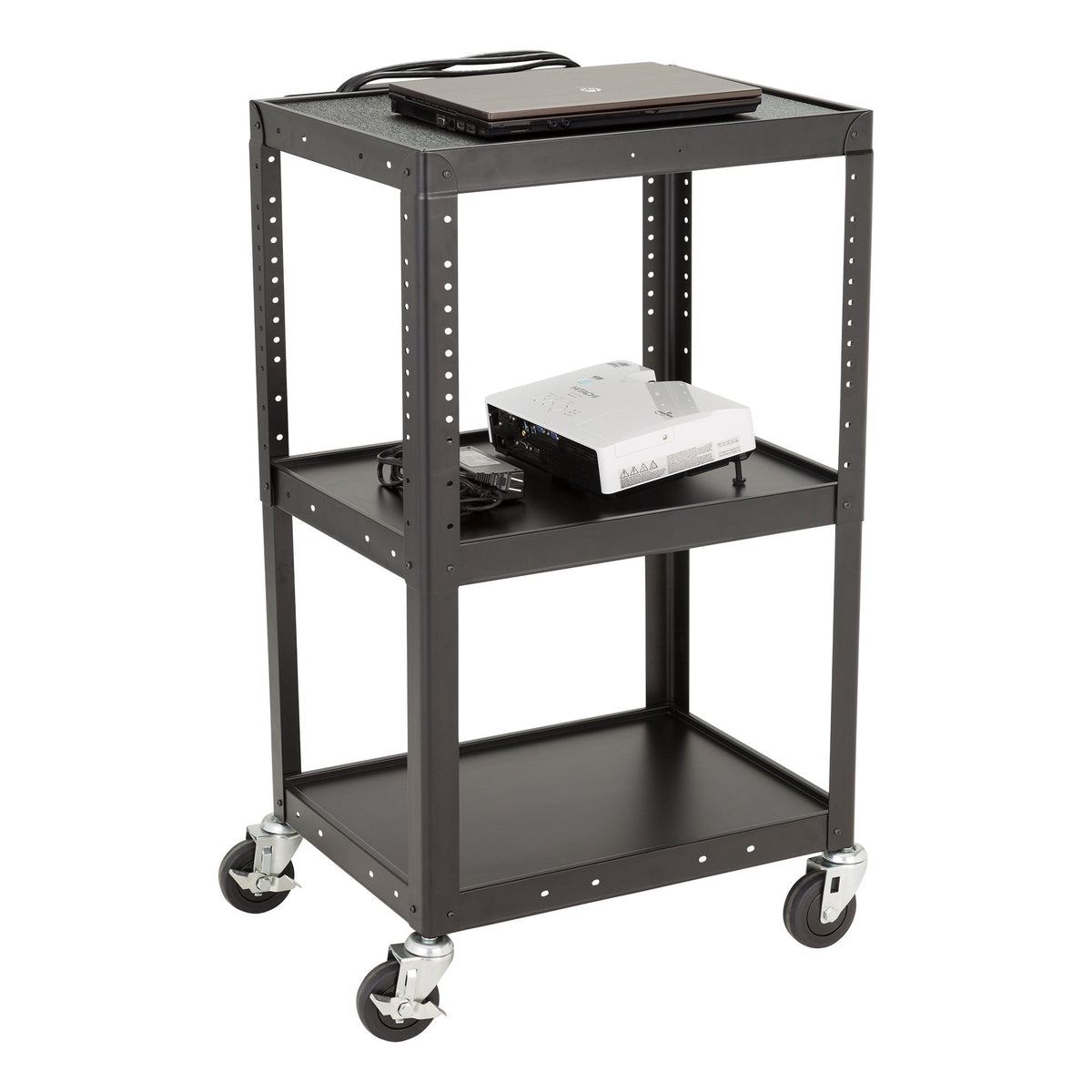 Norwood Commercial Furniture Adjustable Height Metal AV Cart with Electric Power Cord, Black
