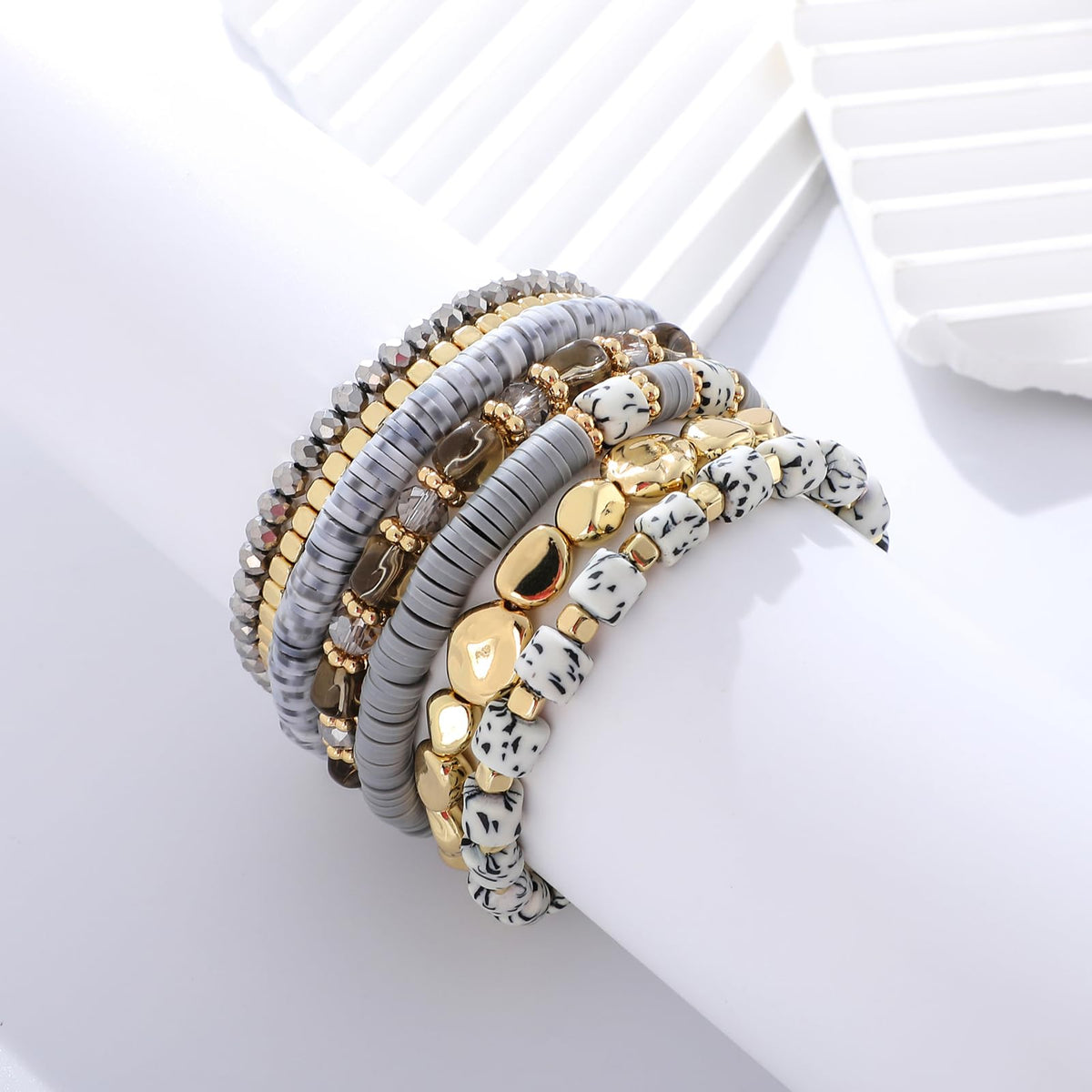 GOOJIDS Surfer Heishi Clay Spotted Bead Bracelets for Women Stackable Gold Plated Beaded Stretch Bracelets Elastic Layering Friendship Bracelets Set Boho Jewelry