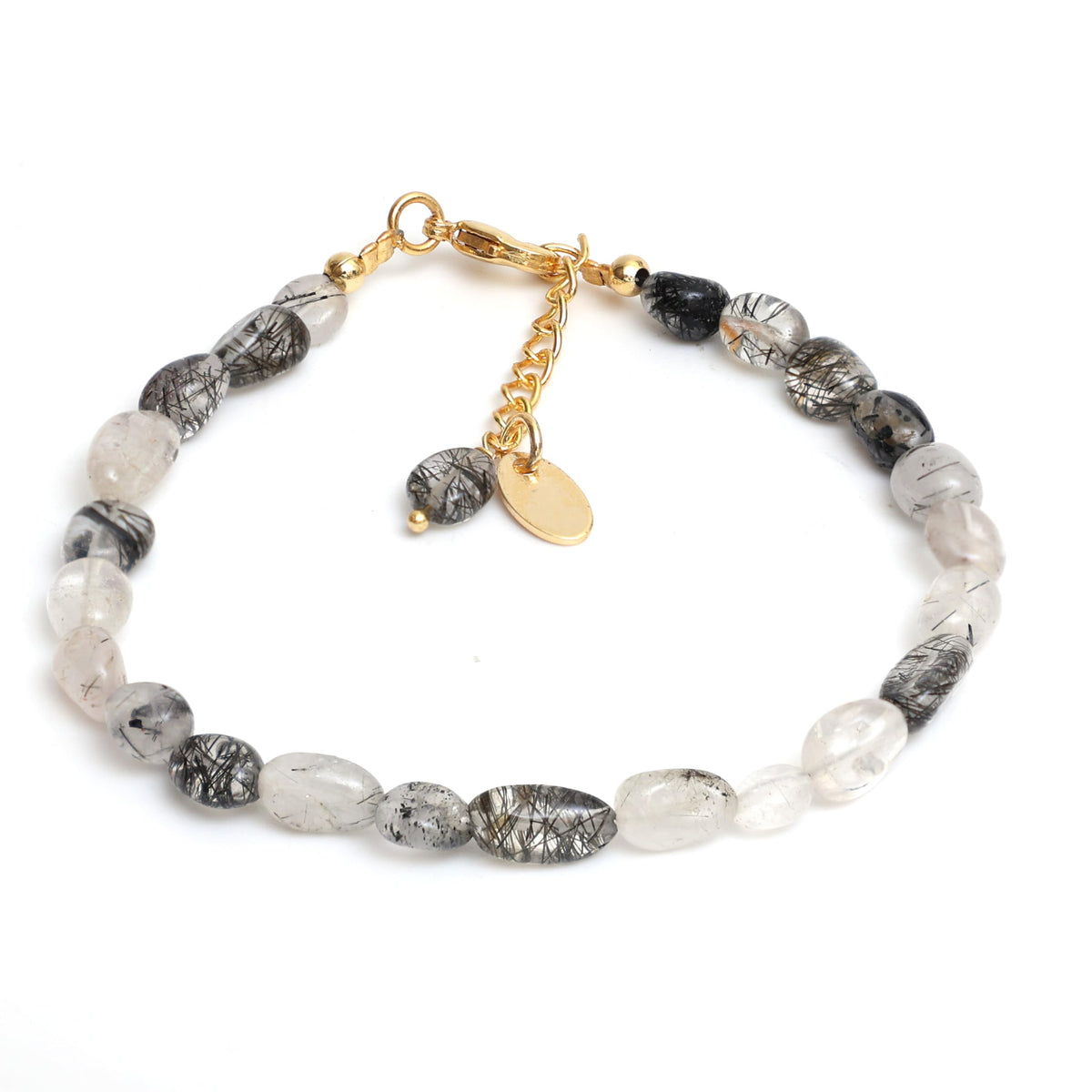 Gempires Gift Black Rutile Crystal Bracelets for Women, Beaded Bracelets, Oval Shape Crystals, Black Crystal Bracelets, Handmade, 8 inch 14k Gold Plated Adjustable Chain