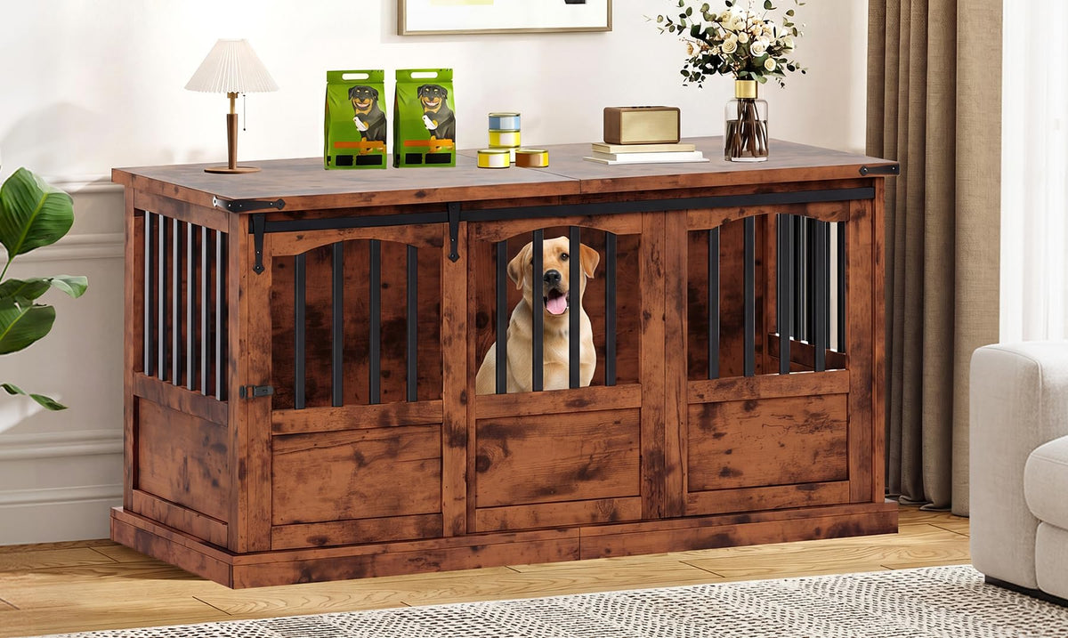 Homiflex Dog Crate Furniture with Barn Sliding Doors, 53" Large Dog Kennel Furniture Indoor with Divider for Medium Large Dogs, Heavy Duty Wooden Dog Cage Decorative TV Stand, Brown
