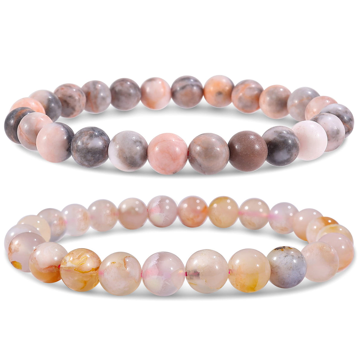Bivei Natural Gemstone Semi Precious Crystals Handmade Stretchy Round Beads Bracelet, Enhance Positive Energy,Stocking Stuffers for Women(Pink Jasper & Sakura Agate (Positive Energy& Love) Large)