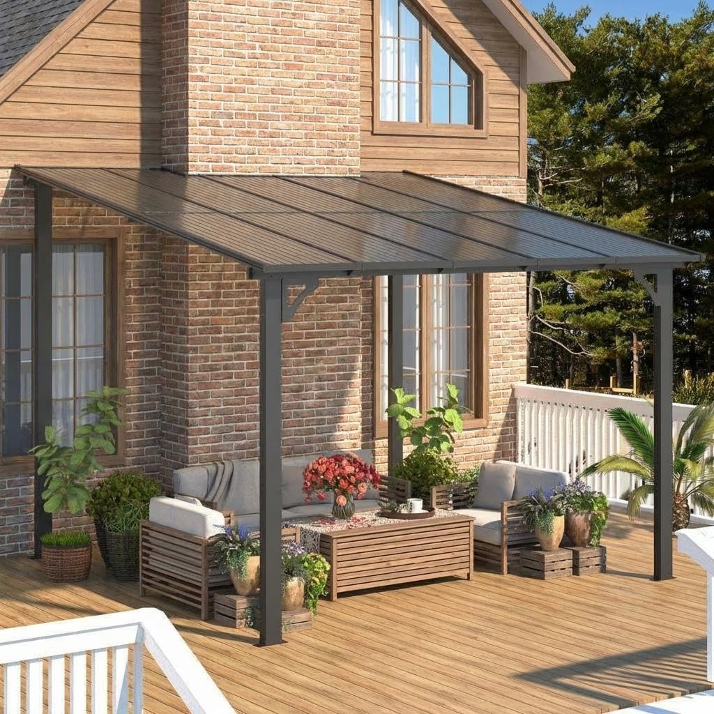 10'X20' Hardtop Wall Mounted Gazebo with Gutters & Galvanized Steel Roof, 60MPH Wind Resistance, Lean to Gazebo Pergola with Sloped Roof for Deck, Porch, Backyard and More, Black