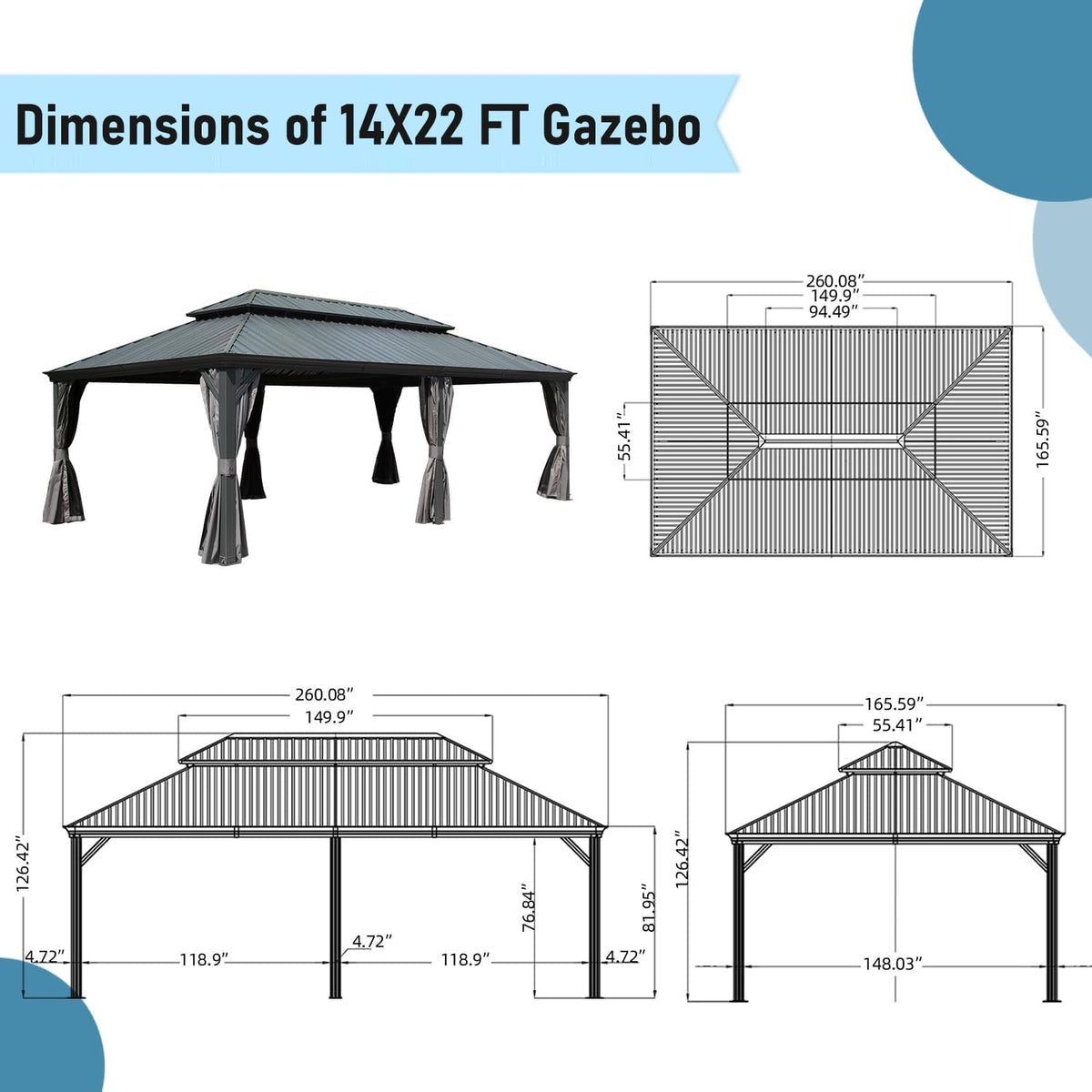Ginkartu Hardtop Gazebo, Outdoor Gazebo with Galvanized Steel Double Roof, Aluminum Frame, Built-in Gutter System, Curtain and Netting, Metal Gazebo Pavilion for Patio Deck Garden, Grey