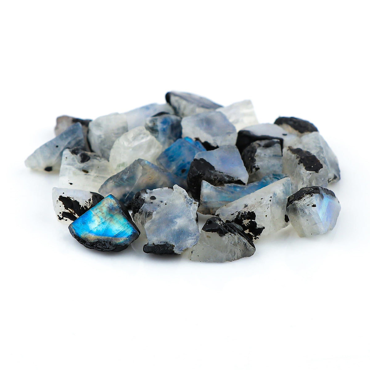 Gemkora 20 pc. Natural Blue Flash Raw Tourmilated Moonstone Crystal Rough Gemstone, Rock, Jewelry Making Supplies, Chakra Healing, Art-DIY Stone, (7-10mm) (75 ct.)