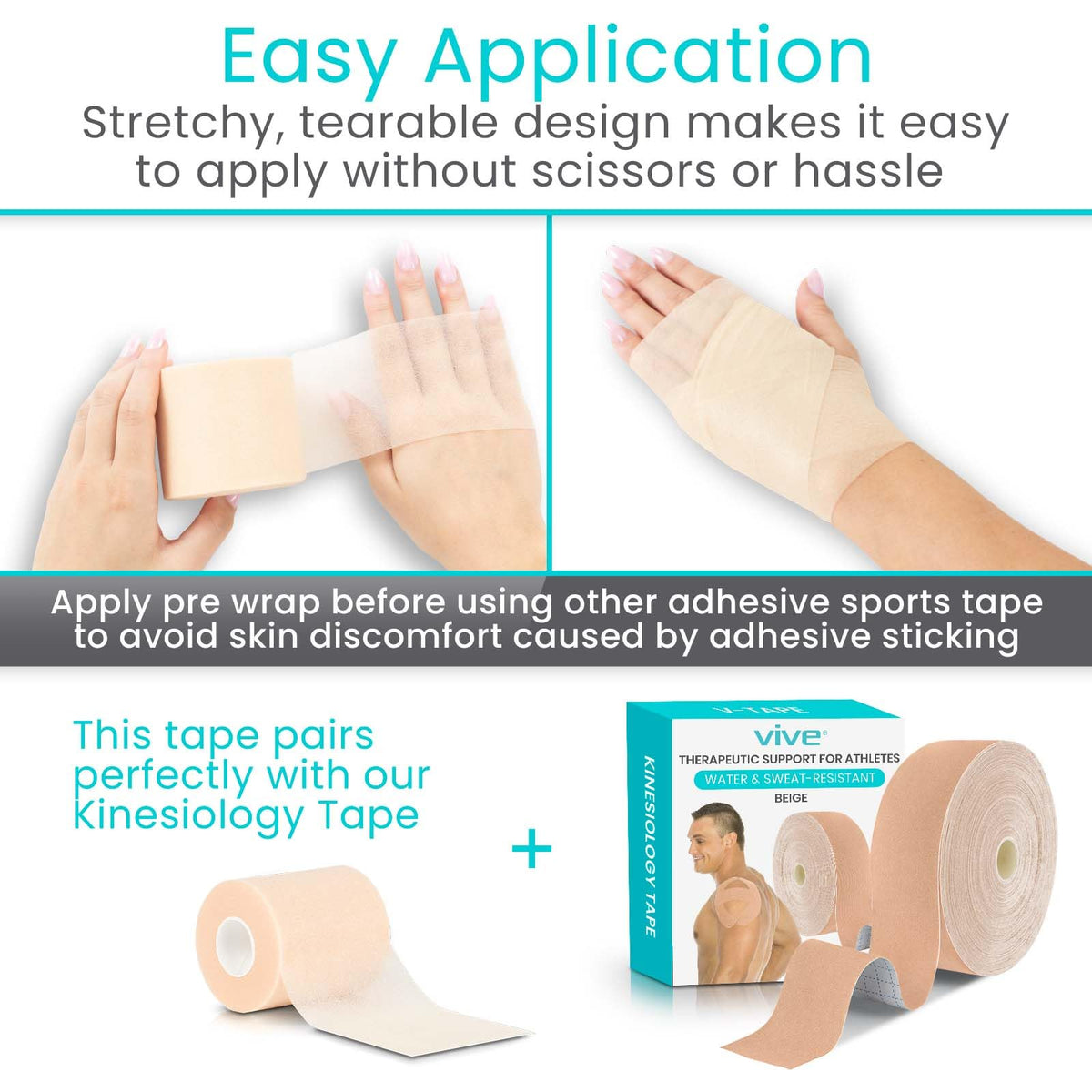 Vive Pre Wrap Athletic Tape (4 Pack - 2.75" Wide) - Prewrap Sports Strips (120 Yards) for Hair, Soccer, Injuries, Ankles, Football, Wrists, Lacrosse, Boxing, Baseball - Breathable, Non-Adhesive