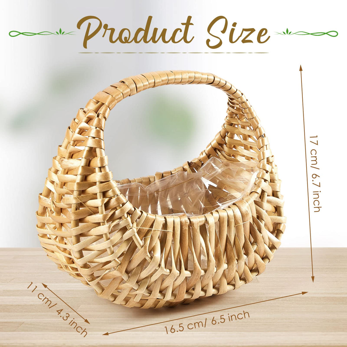 Taiyin 3 Pack Rattan Flower Girl Basket Half Moon Straw Wicker Basket with Handle 6.7" x 6.5" x 4.3" Ideal for Wedding Flower Girl, Picnic, Garden Storage and Home Decor (Nature)