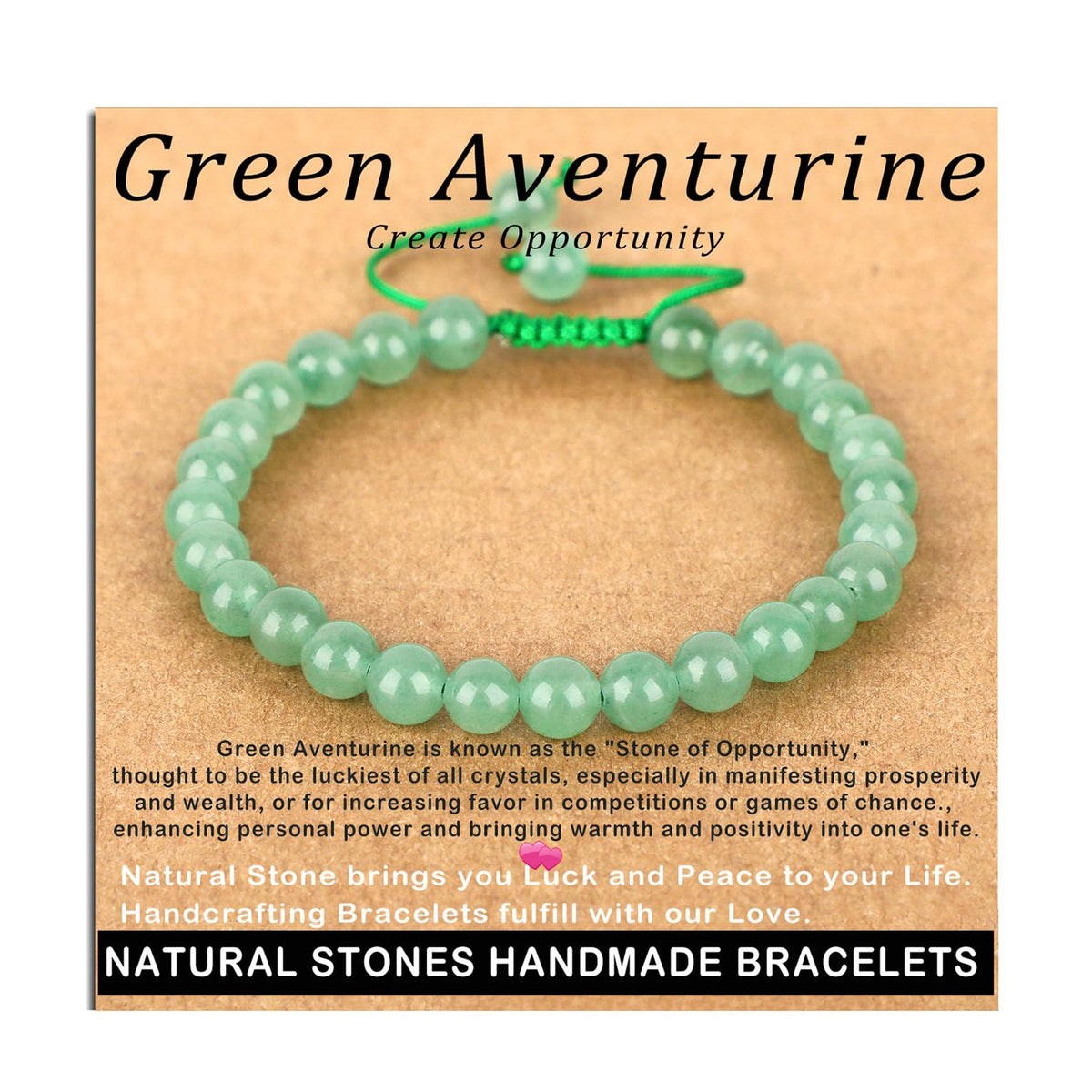 AD Beads 6mm Green Aventurine Bracelet - Stone of Create Opportunity - Handmade Natural Stone Crystal Bracelet with Adjustable Macrame String - Yoga Healing Power Energy Gifts for Men and Women