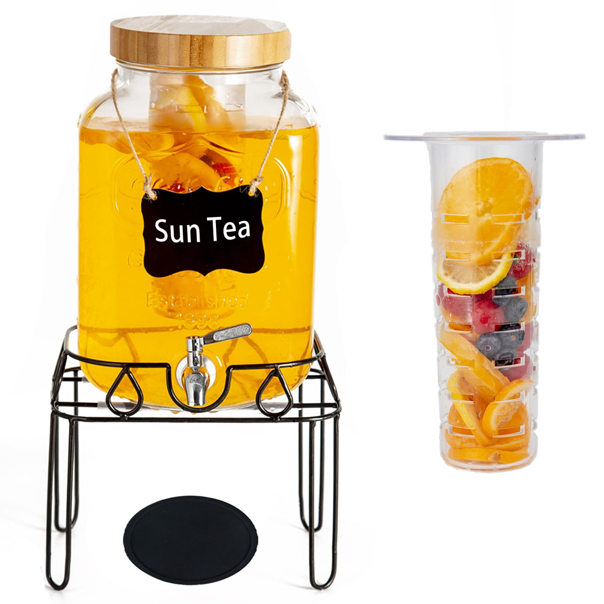 2 Gallon Glass Drink Dispenser with Stand and Bamboo Lid, Lemonade Dispenser with Stainless Steel Spigot, Glass Beverage Dispenser for Parties, Weddings, Kombucha, BBQ