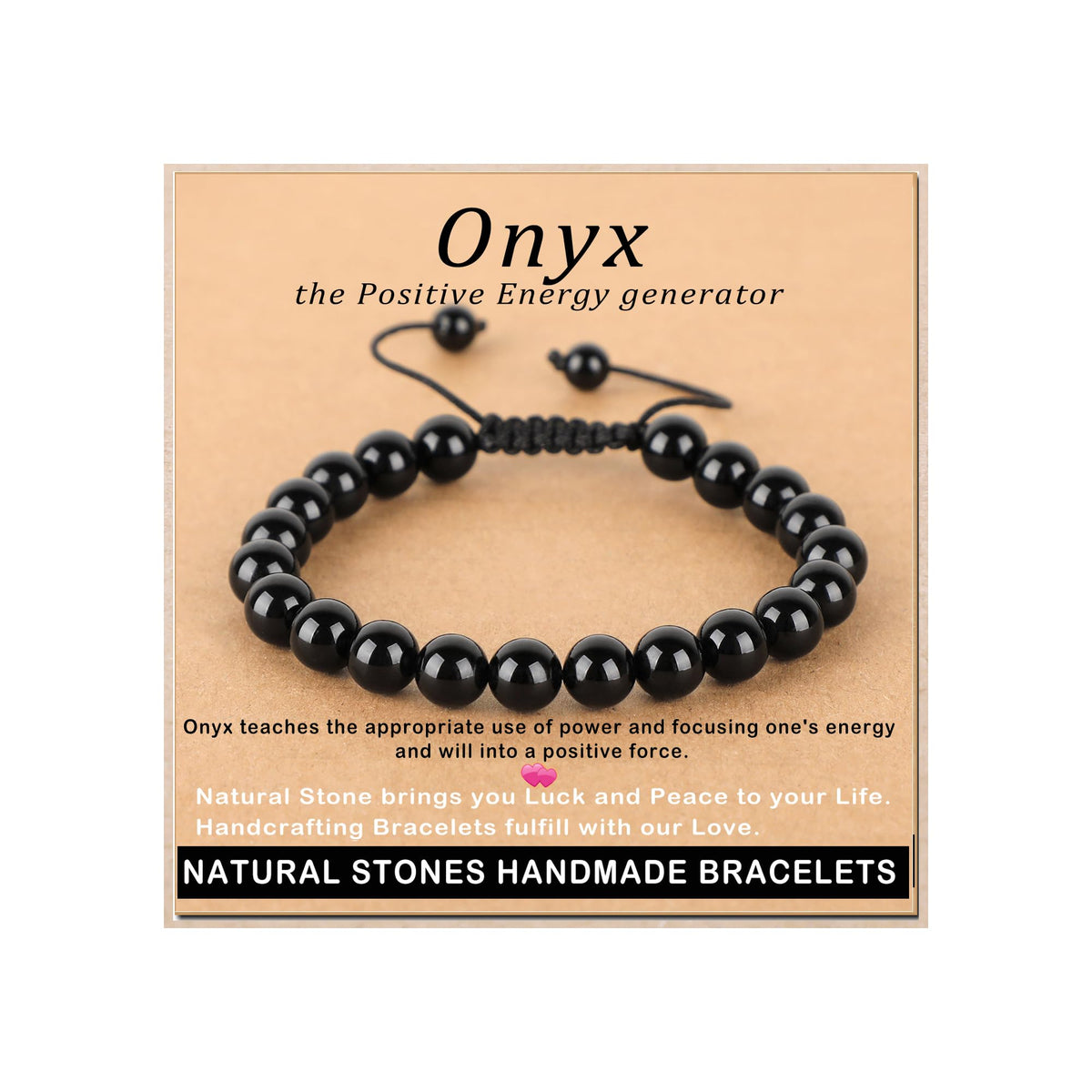 AD Beads 8mm Onyx Bracelet - Stone of the Positive Energy generator - Handmade Natural Stone Crystal Bracelet with Adjustable Macrame String - Yoga Healing Power Energy Gifts for Men and Women