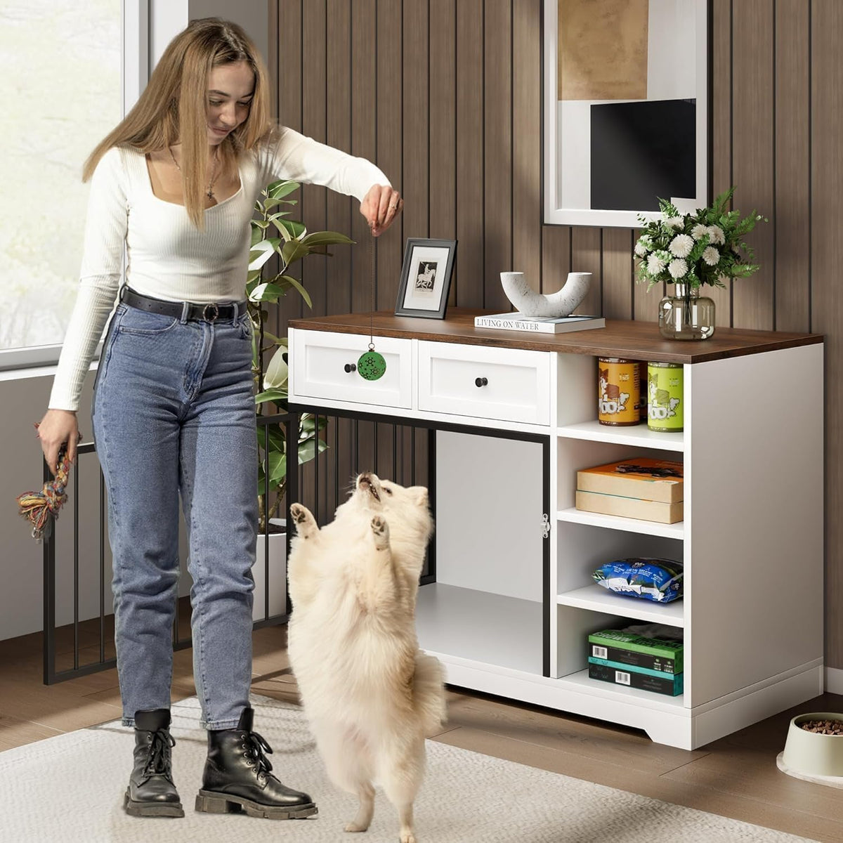 Garvee 47 in Dog Crate Furniture with 2 Storage Drawers, 4 Deep Shelves, Farmhouse Extra Large Wooden Dogs Cage End Table, Multi-Functional Indoor Dog Kennel for Large Medium Dogs