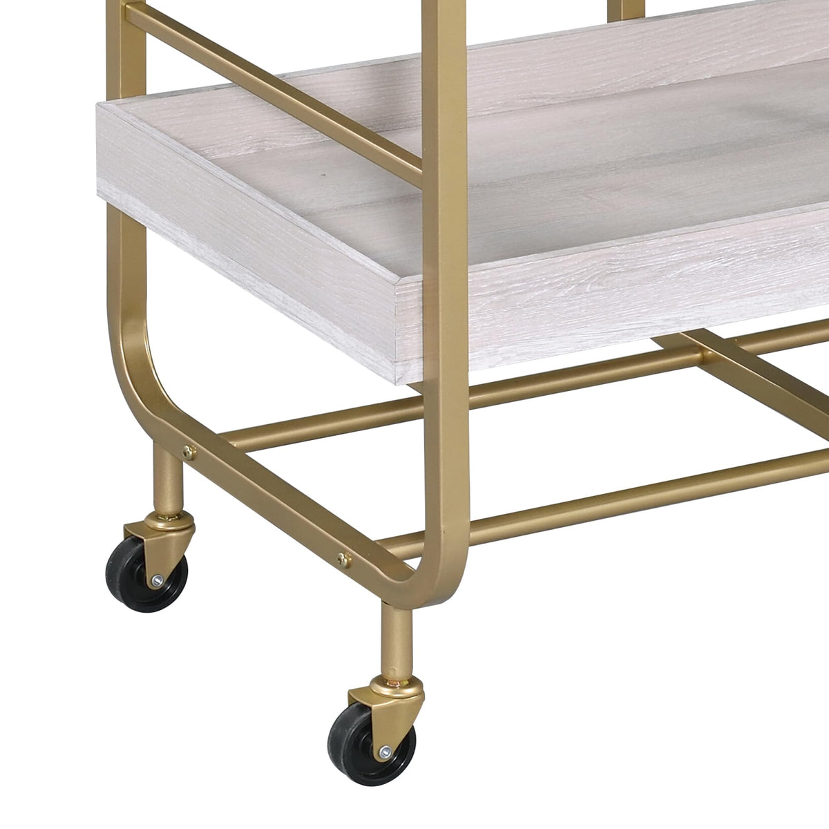 roomfitters Vorrik Gold and White Washed Serving Cart, Glamorous 3-Tier Hollywood Regency Rolling Trolley, 3 Adjustable White Washed Wood Trays