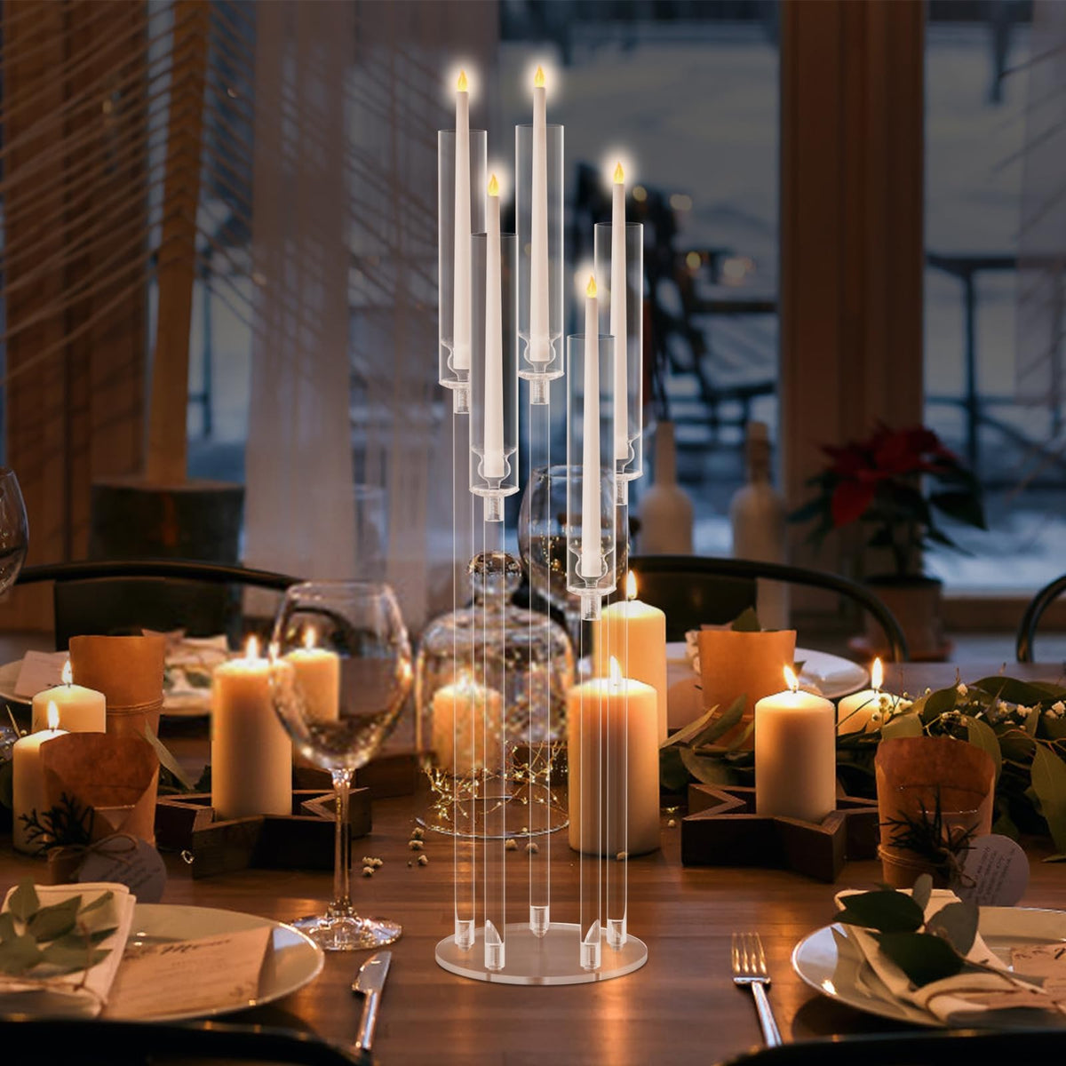 4 Pack Acrylic Candelabra Centerpieces, 5 Arm Clear Candlestick Holder with Acrylic Shade, 3 Height Adjustable Taper Candle Holder for LED Candles (Diameter ≤0.86”), Wedding Table Decoration 8pcs