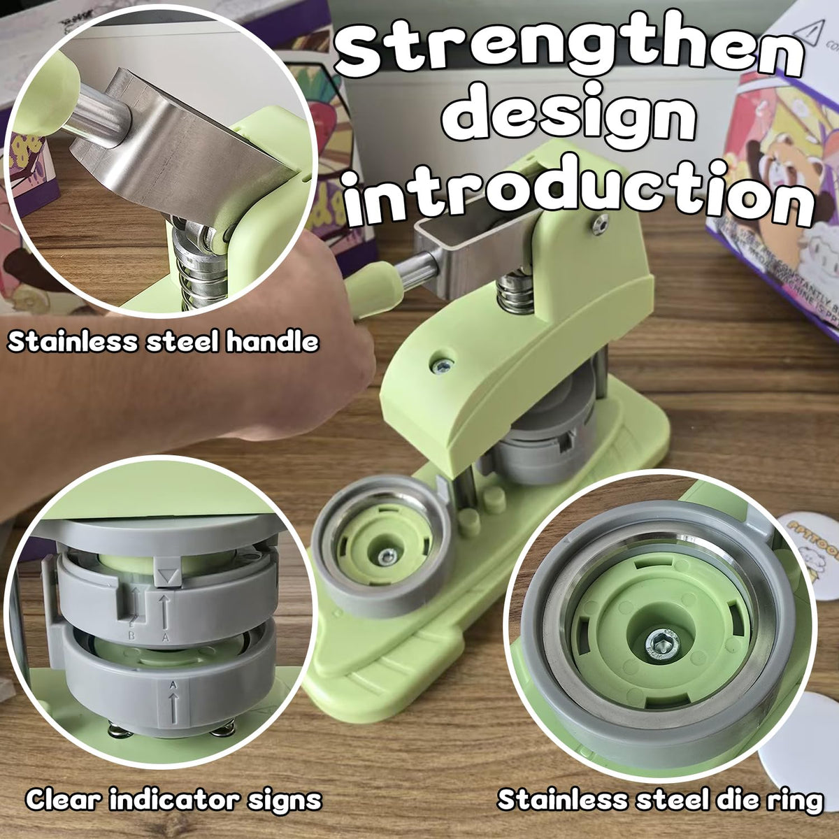 Green 58mm (2.25in) 5th Gen Button Maker Machine - Installation-Free DIY Pin Badge Press with Free Button Parts, Circle Cutter, Cutting Mat, Color Film & Pictures