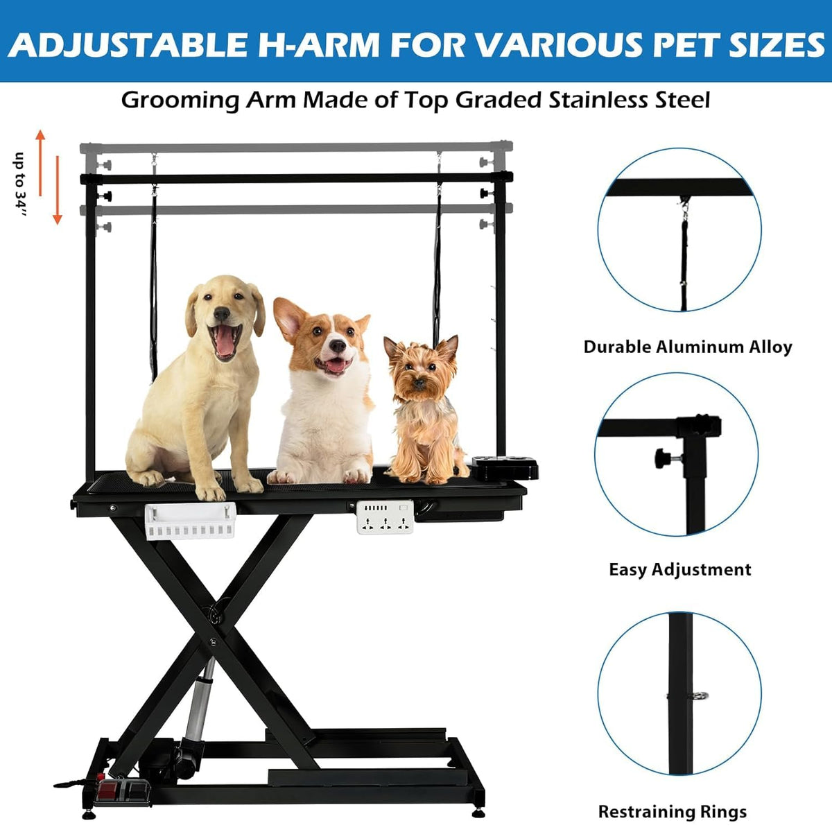 ExploreHorizon 50" Heavy Duty Dog Grooming Table with Aluminium Overhead Arm,Electric Hydraulic Grooming Table with 6 USB Ports for Large Dogs 300 LBS Foot Control