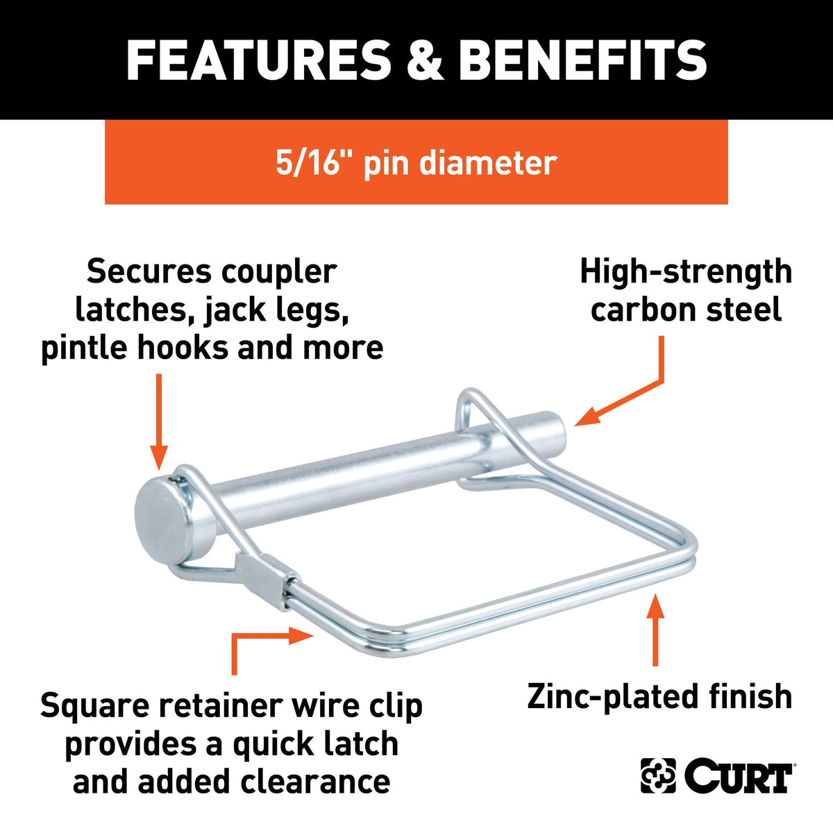 CURT 25011 Trailer Coupler Pin, 5/16-Inch Diameter x 3-Inch Long