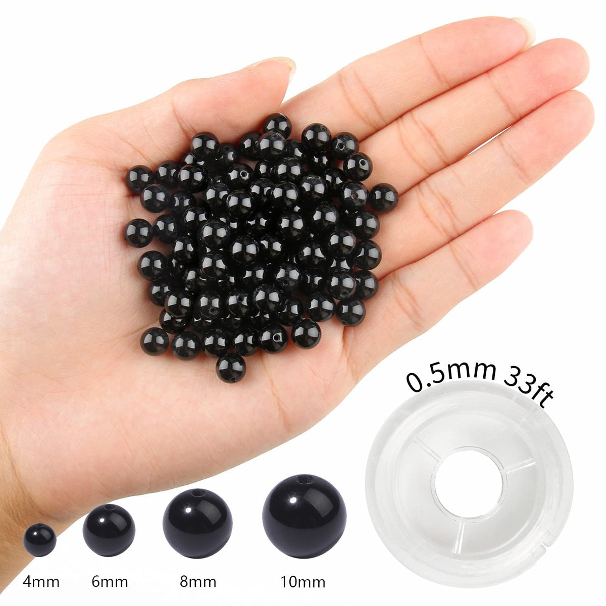 NITOPUPU 100Pcs 10mm Natural Smooth Black Agate Beads Round Loose Gemstone Stone Beads for Jewerly Making with Crystal Stretch Cord