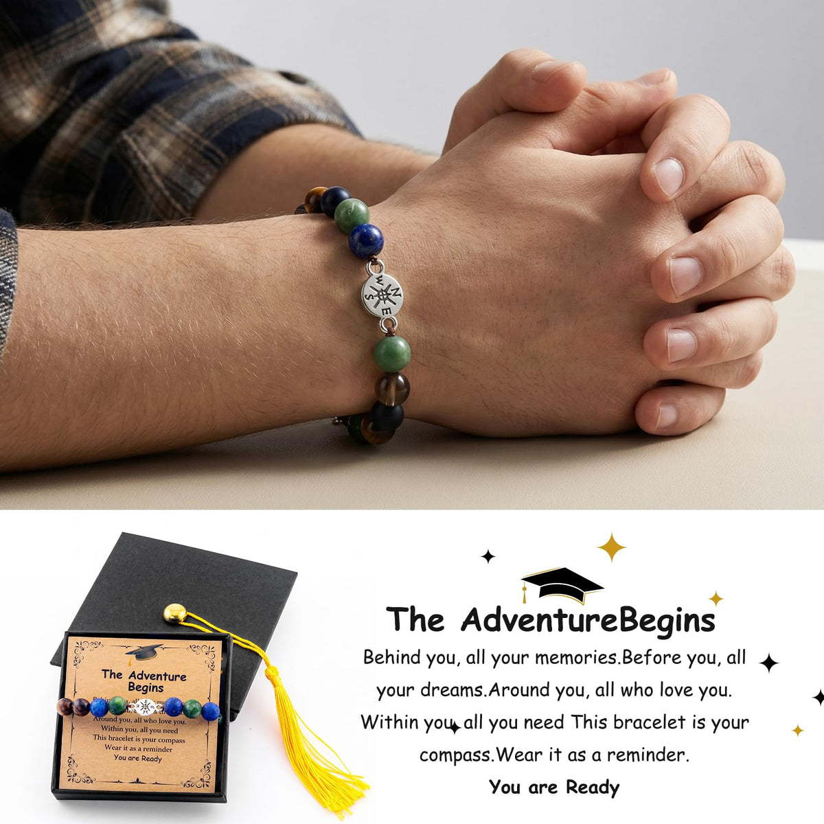 2026 Graduation Bracelet Gift Set for Her Him, 7 Chakra Bracelet & Matte Natural Stone Beaded Bracelet with Compass, Graduation Keychain, Inspirational Card & Gift Box for Middle High School Colle (Minimalist Matte)