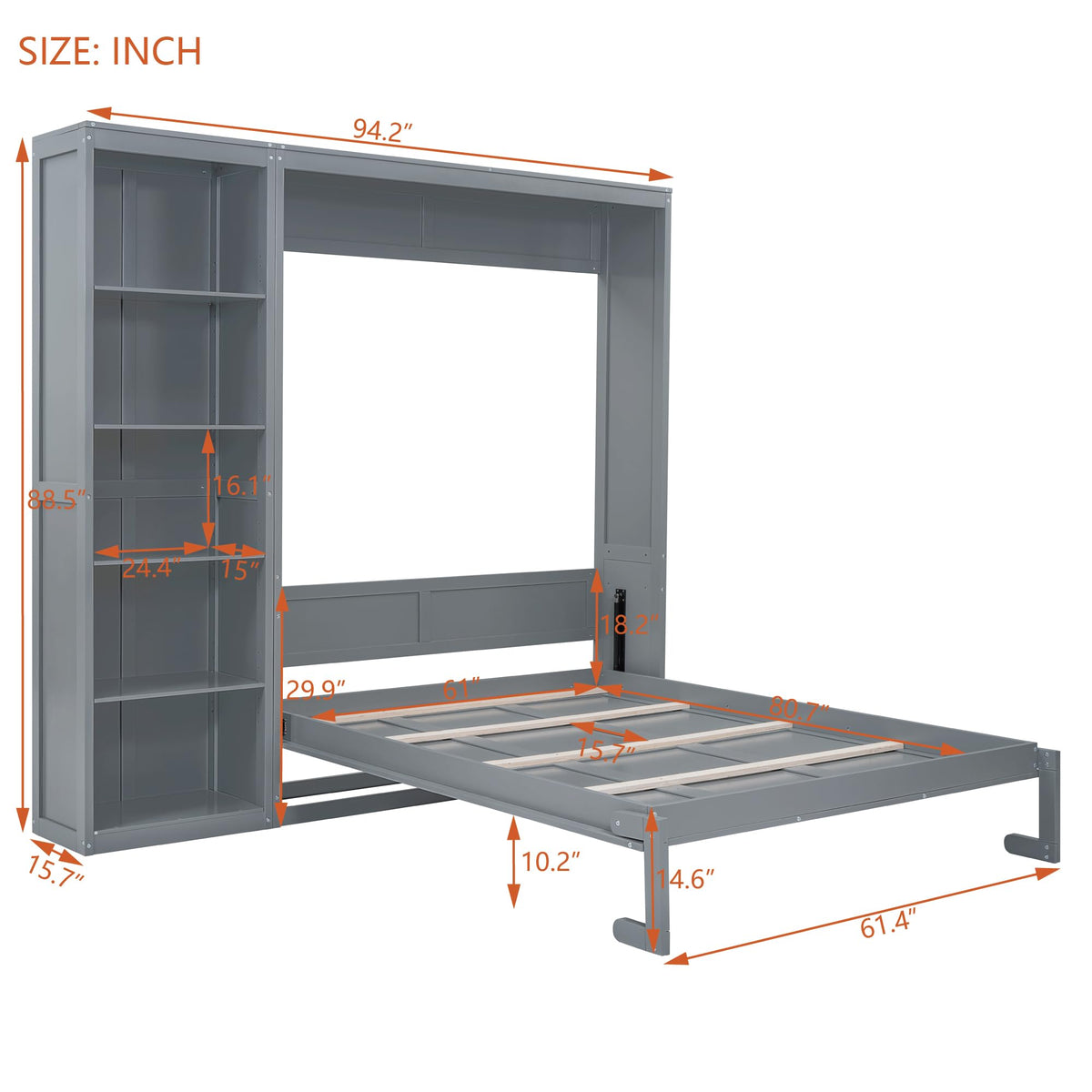 PacknWood Acosure Queen Size Murphy Five-Layer Cabinet,Solid Wood Storage Hidden Wall Beds Frame,W/Dual Piston Metal Folding Mechanism Designed,Space-Saving,for Home Office,Study,Guest Room,Gray