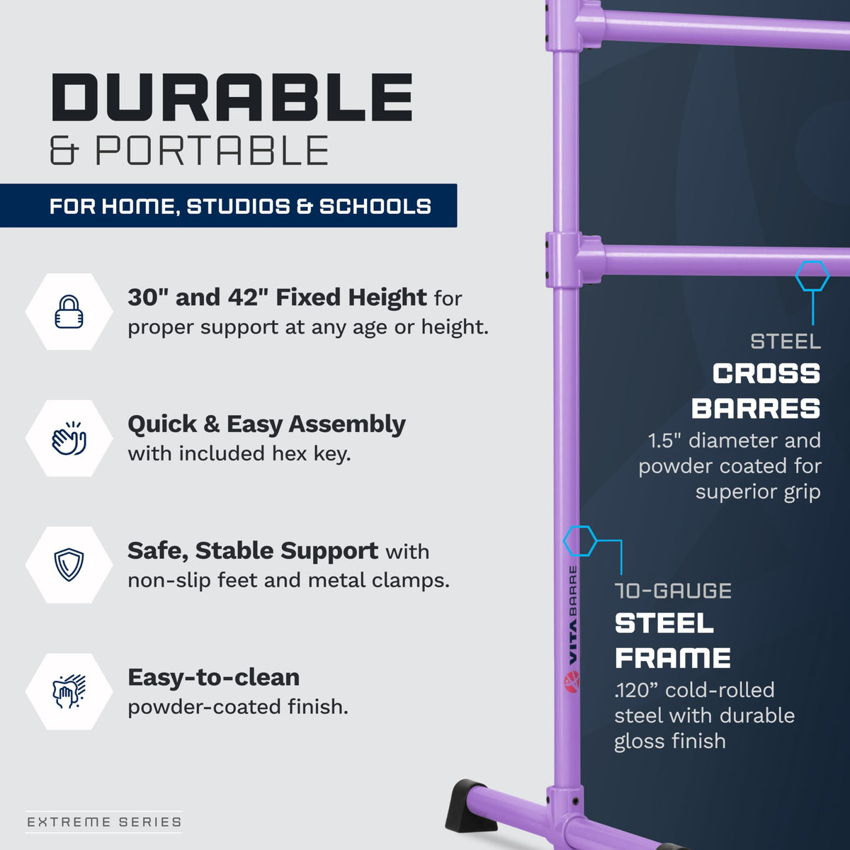 VITA Barre Portable Freestanding Double Ballet Barre, Extreme, 10 Ft Bars, Purple, Steel | Fixed Height, Made in USA, Home or Gym Exercise Equipment for Kids & Adults | Dance, Fitness, Pilates