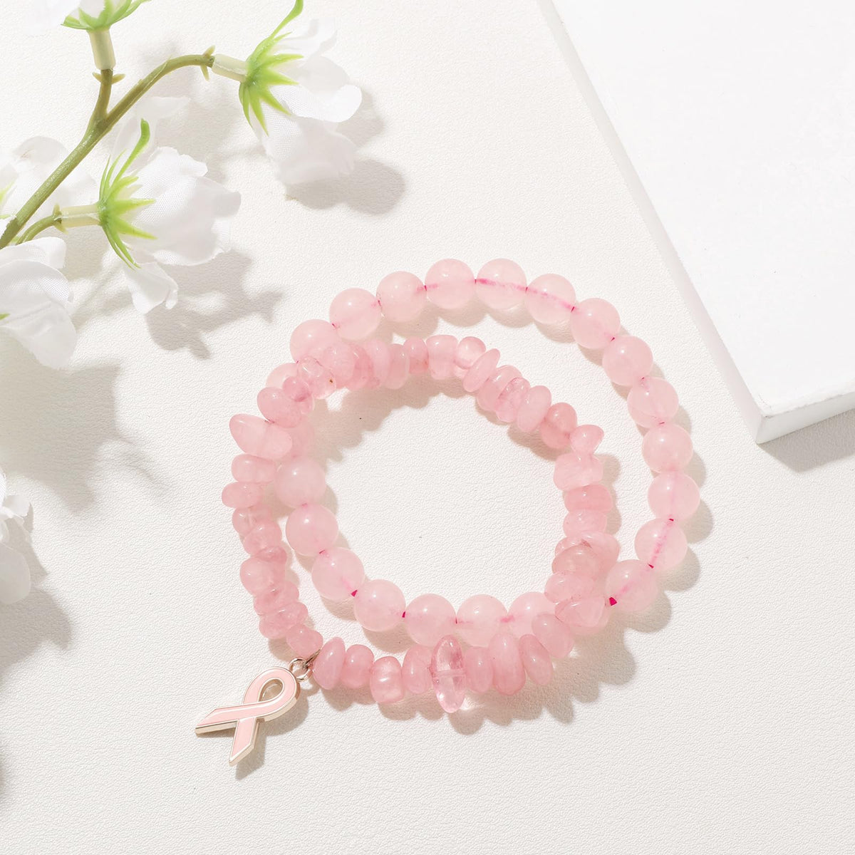 GolbalJew Breast Cancer Awareness Bracelets for Women Pink Ribbon Charm Rose Quartz Beads Bracelet Natural Stone Breast Cancer Encouragement Jewelry Gifts