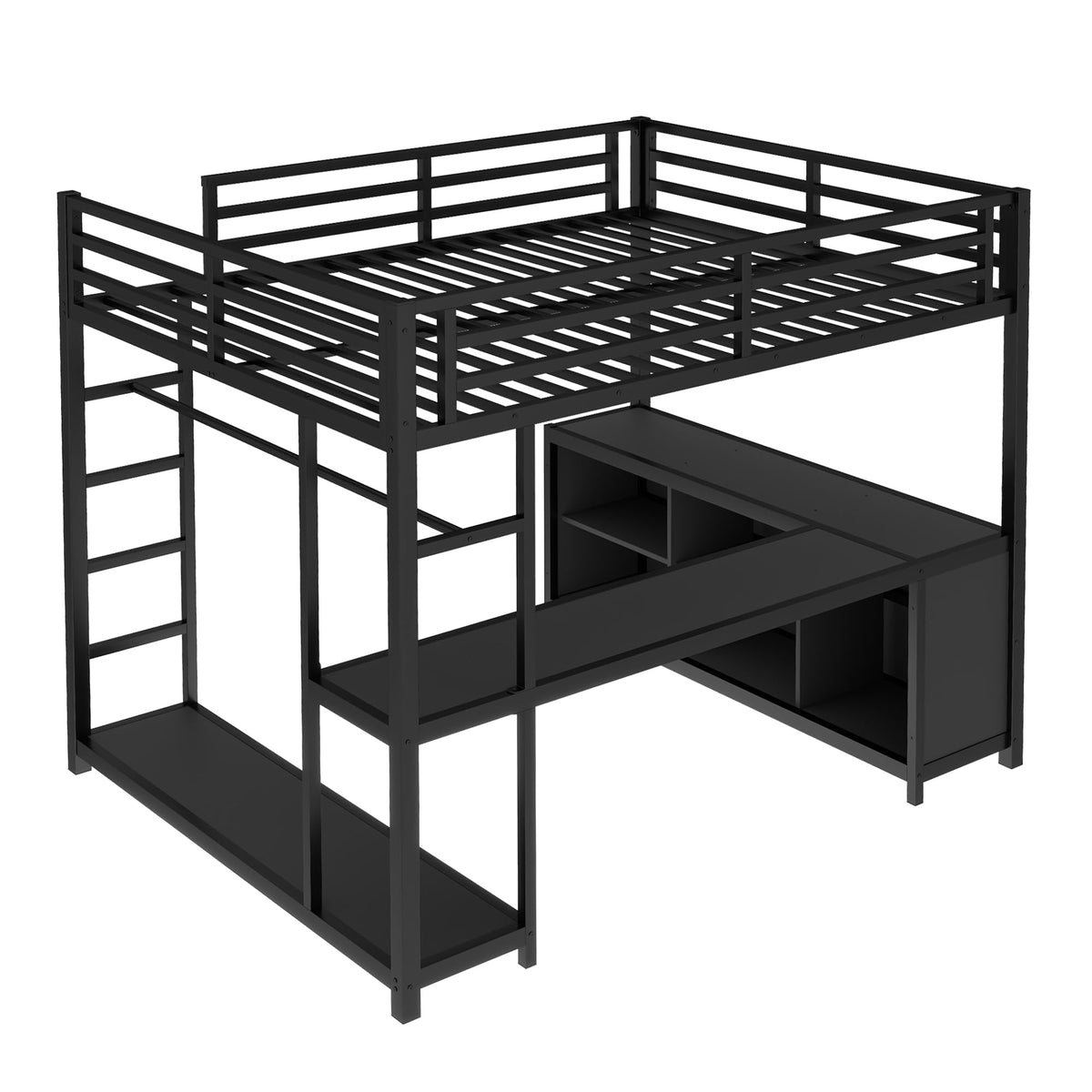 Bellemave Queen Size Loft Bed with Desk & Clothes Rack, All-in-One Heavy Duty Metal Loft Bed Frame with Storage Cube & Shelf, Space Saving Loft Bed Queen Size for Adult, Teen, Kids, Apartment, Black