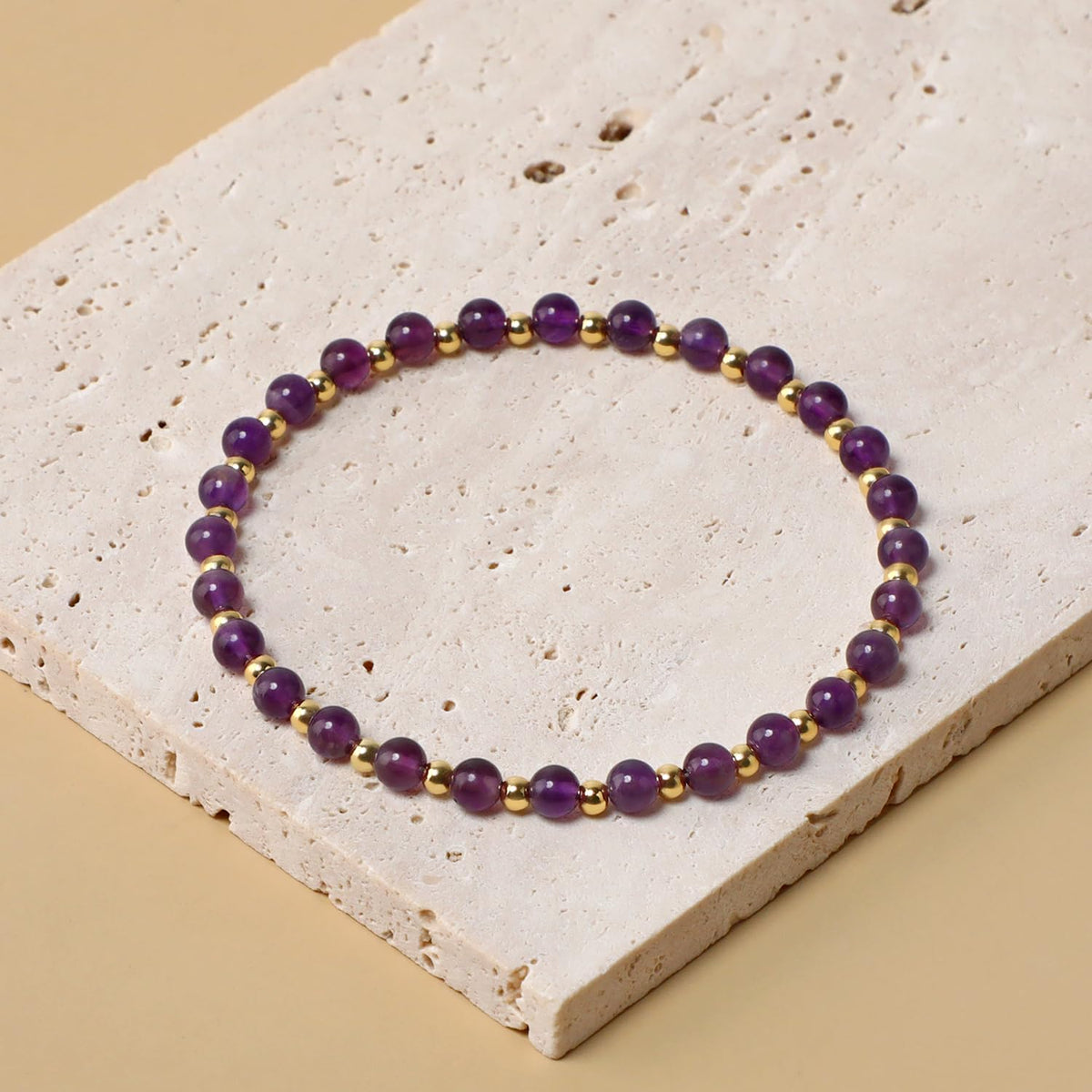 QOGIR Amethyst - Stone of Calmness - 14K Gold Plated Beads Natural Gemstone Stretch Elastic Dainty Healing Beaded Bracelets Gifts 4mm