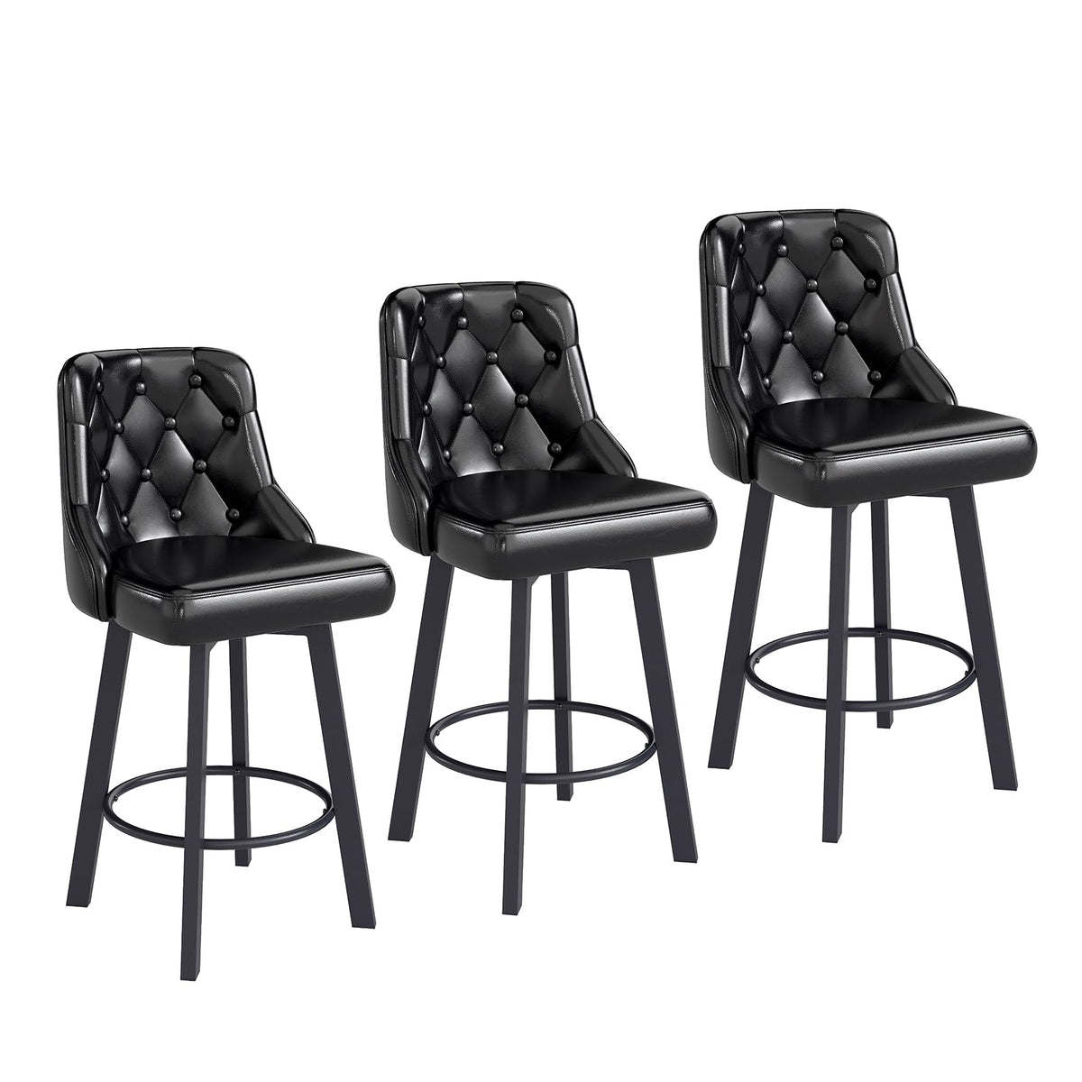Youhauchair Bar Stools Set of 3, 26" Tufted Modern Counter Height Barstools with Back & Footrest & Metal Leg, Faux Leather Upholstered Bar Chair for Kitchen Island, Dining Room, Pub, Cafe, Black