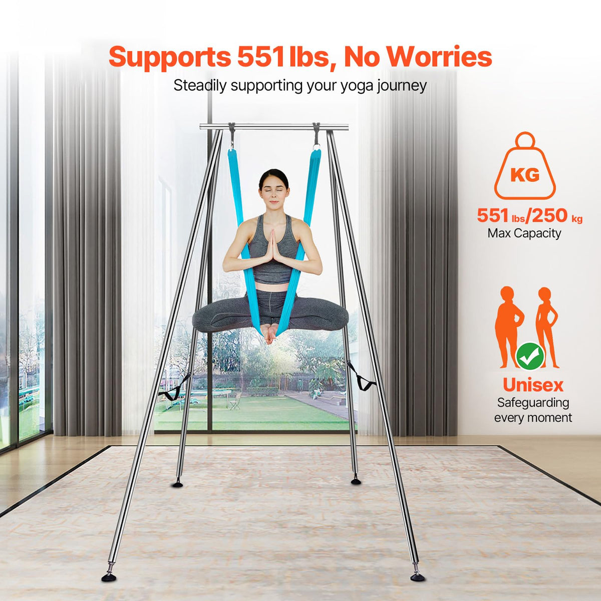 VEVOR Aerial Yoga Frame & Hammock, 551.15 lbs Load Capacity, 9.68 ft Height Professional Training Swing Stand Comes with 13.1 Yards Aerial Hammock, Yoga Rig for Indoor Outdoor, Blue