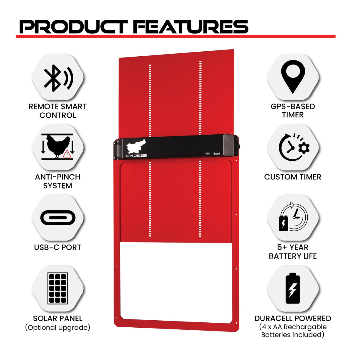 RUN-CHICKEN Door Giant – Large Automatic Poultry Coop Door for Ducks & Turkeys, Not for Chickens, Battery Powered/Solar Compatible, Heavy-Duty Aluminum, Predator Proof, Easy Install (Red)
