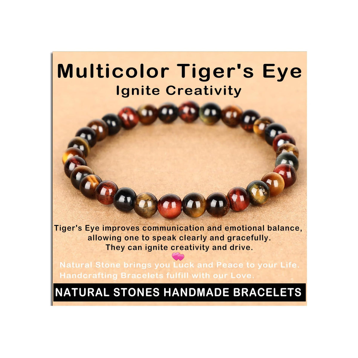 AD Beads Handmade Gemstone Stretch Elastic Bracelet Crystal Healing Reiki Nature's Beauty and Spiritual Essence Unisex (6mm, Multicolor Tiger's Eye (Ignite Creativity))