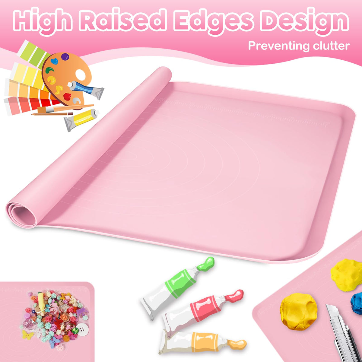 Silicone Art Mat for Crafts, Large 24x19.5 Inch Silicone Painting Mat & Craft Mat with Raised Edges for Artists, Jewelry Making, Playdough, Activities,Pink