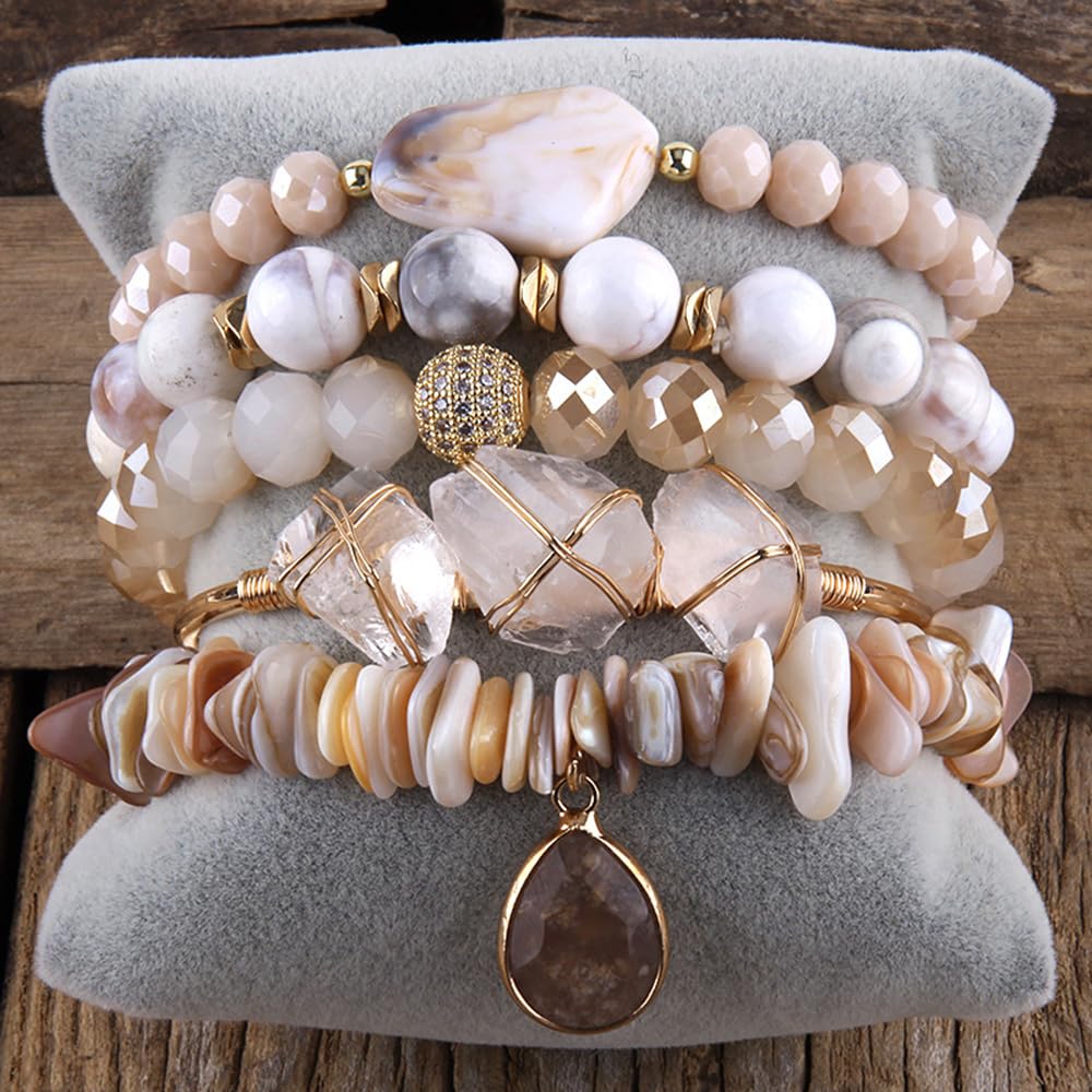 Yomisa 5PCS Natural Boho Beaded Bracelets Bangle for Women,Healing Beige Agate Shell Crystal Gemstone Stone Diamond Chakra Multi Wrap Bohemian Handmade Jewelry Beads Stretch Bracelet Set for Womens