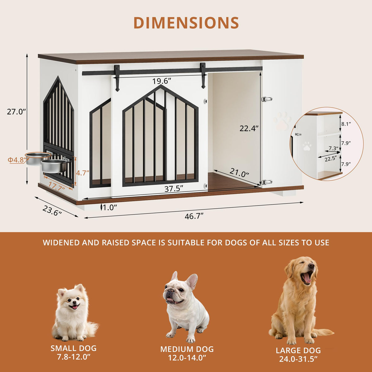 IRONCK Large Dog Crate Furniture with 2 Rotatable Dog Bowls, Wooden Dog Kennel with 2 Adjustable Shelves, Barn Doors Decorative Pet Cage Dog House as TV Stand, White