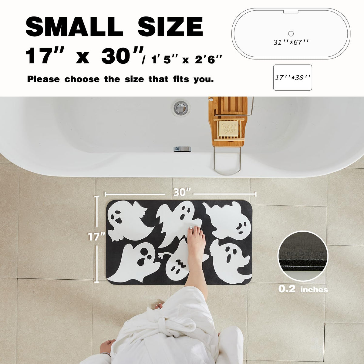 TYUU Halloween Bath Mat, Thin Halloween Bathroom Rug Non Slip Quick Dry Ghost Bath Mat Fits Under Door Thin Floor Mat Halloween Decor, 17''x30'', Ghosts Black