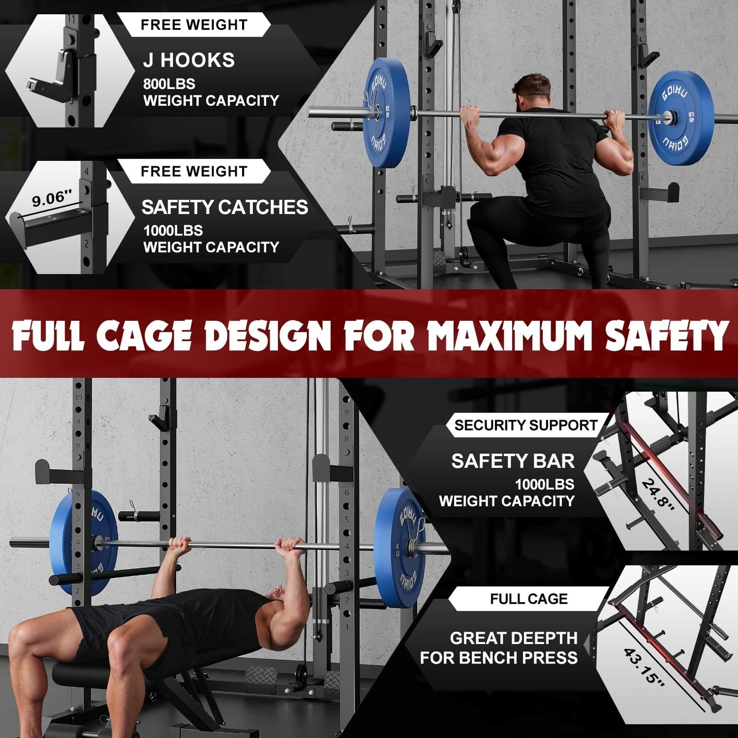 Goimu C1-V4 Power Cage, 2000LBS Squat Rack with LAT Pulldown, Multi-Function Weight Cage Strength Training Machine, Workout Cage with More Attachments for Home Gym Garage (C1-Pro Bk)