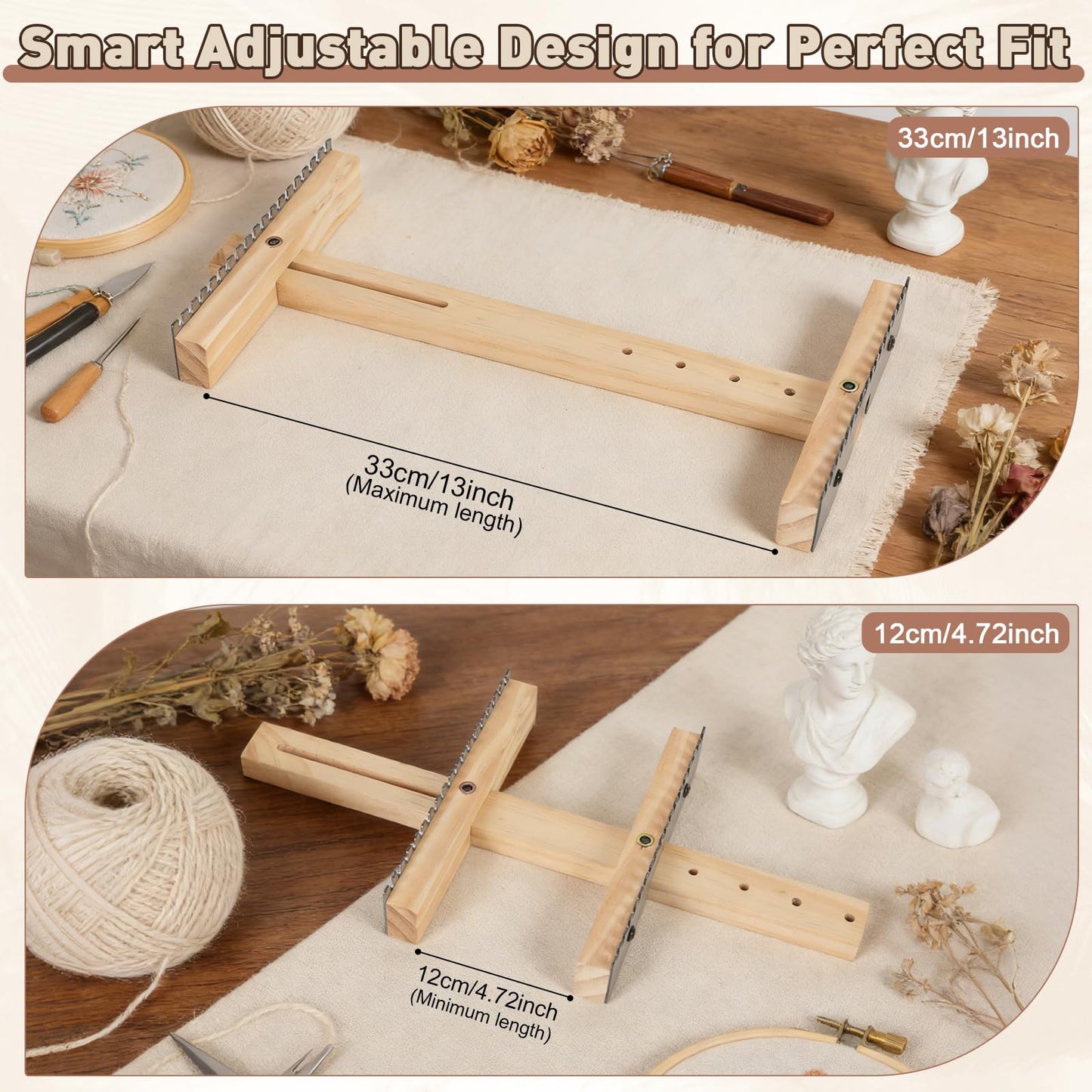 Adjustable Tapestry Weaving Loom, Wooden Craft Weaving Loom Kit, Small Expandable 4.72in to 13in, Wooden Frame to Handcraft Art for Beginners Experts, Wood Weaving Kit