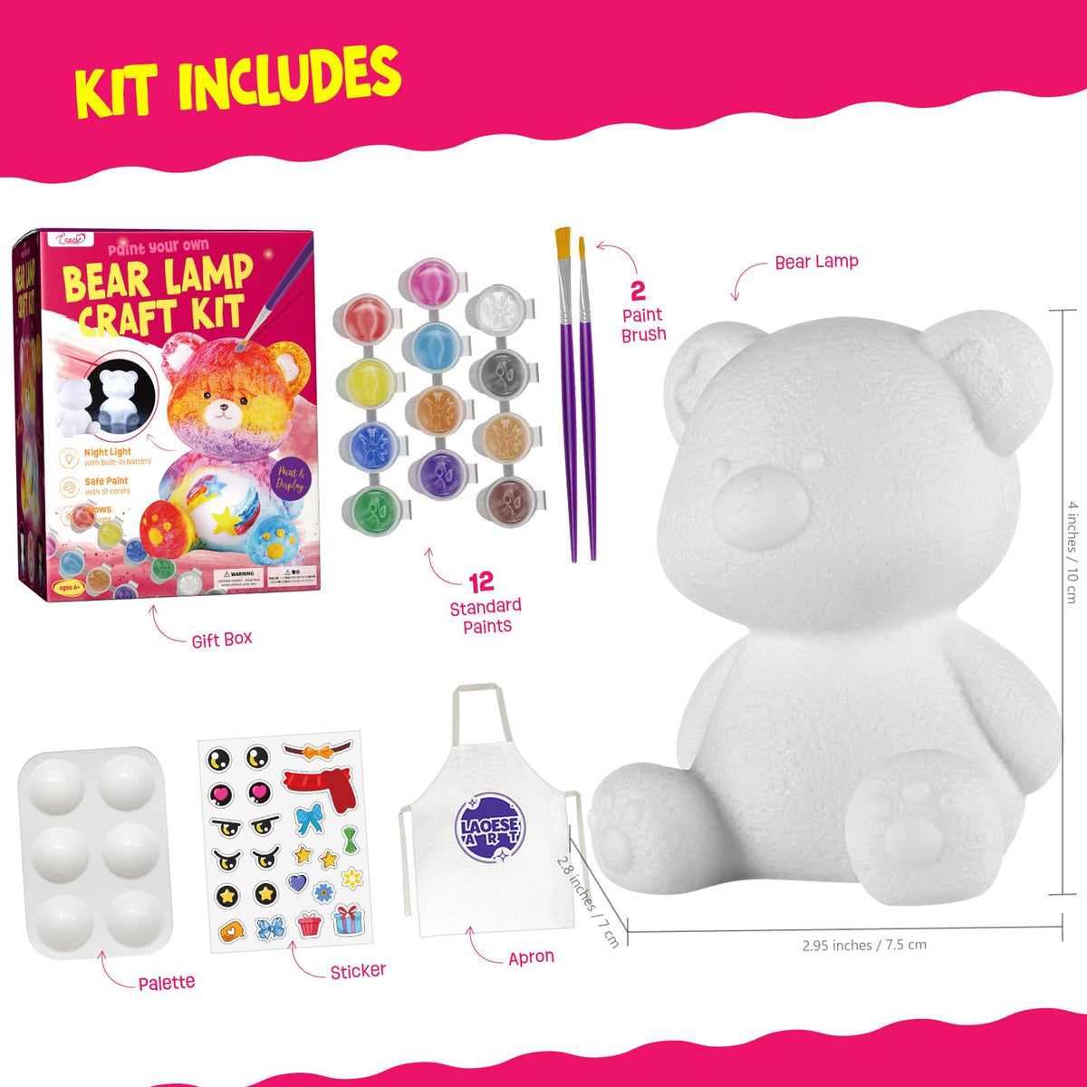 LAOESE Paint Your Own Bear Lamp Kit, Art Supplies Bear Painting Kit for Kids 6-12, Arts and Crafts for Kids Ages 8-12, Bear Toy Girls Boys Birthday Gifts for Kids Ages 3 4 5 6 7 8 9 10 11 12+