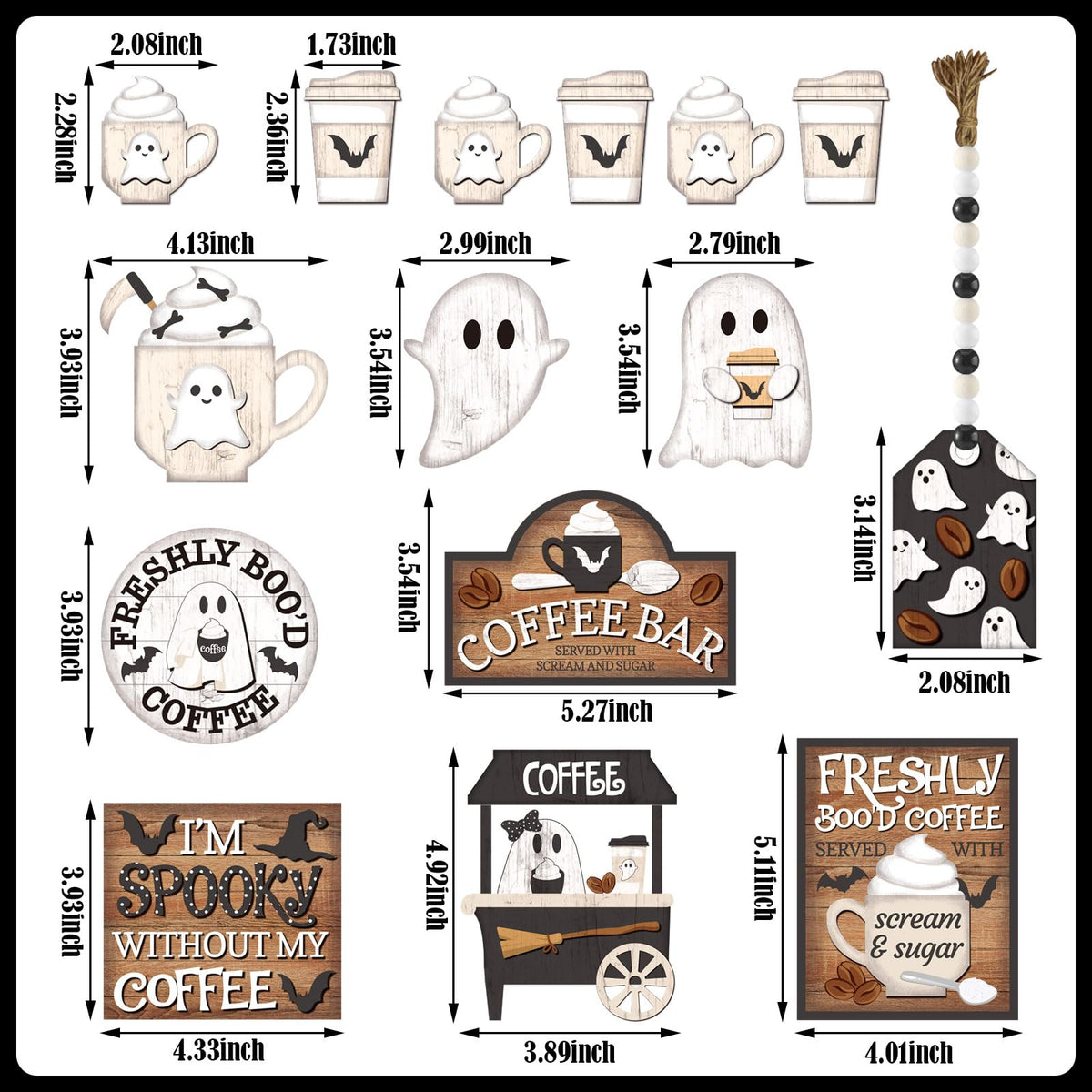 Wonderjune 19 Pcs Halloween Coffee Tiered Tray Decor Rustic Ghost Coffee Bar Table Decor Black and White Spooky Mini Wooden Signs Farmhouse Halloween Decorations for Home Table Office Party Supplies