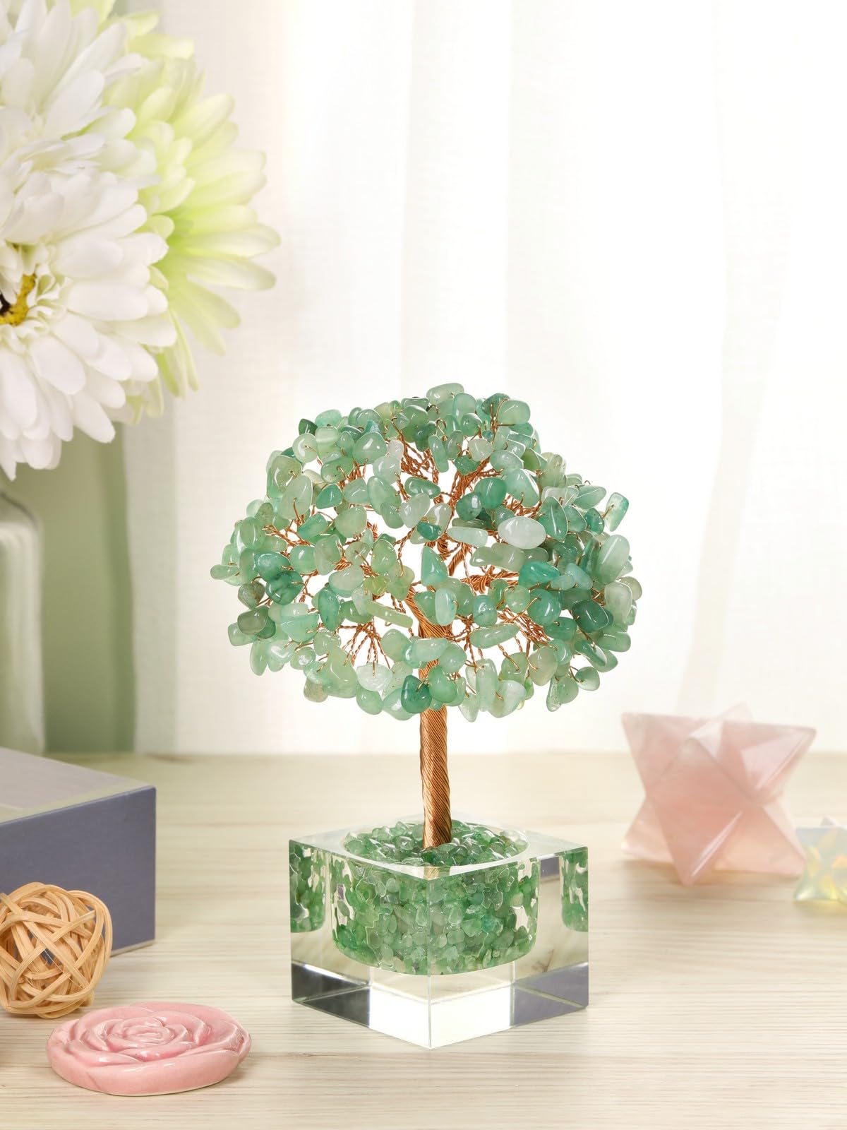 Jovivi Large Crystal Tree with Square Glass Base, Green Aventurine Healing Crystals Tree Life Natural Chipped Gemstone Money Trees Feng Shui Good Luck Positive Energy Home Desk Decor
